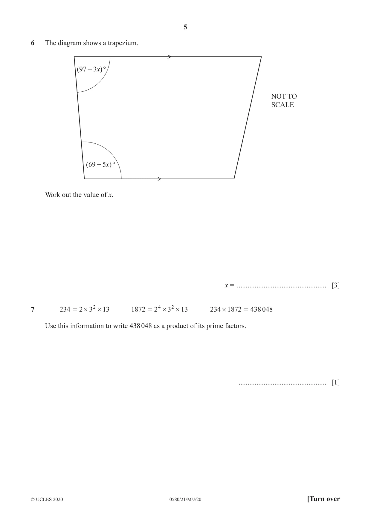 Cambridge IGCSE Mathematics 0580 2020 May/June Paper 2 · Variant 1 question paper, page 5 of 16