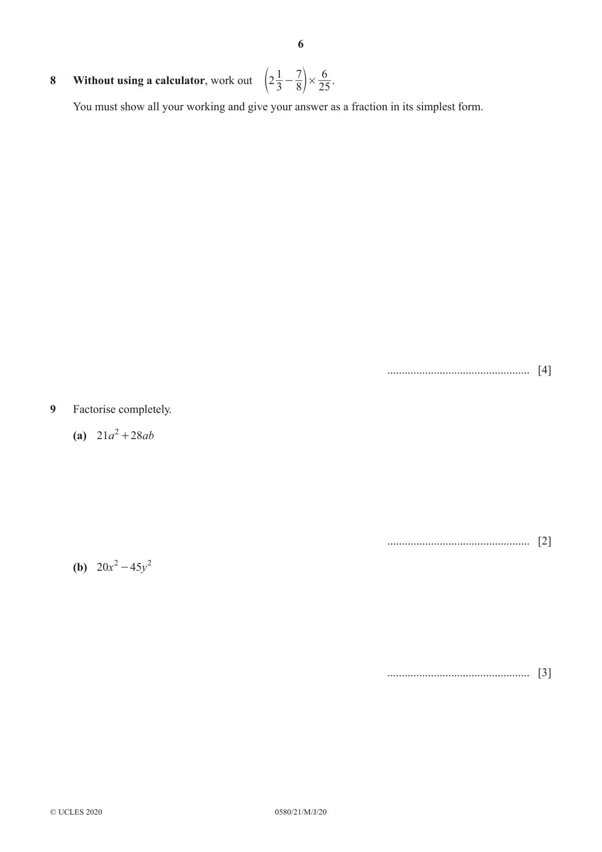 Cambridge IGCSE Mathematics 0580 2020 May/June Paper 2 · Variant 1 question paper, page 6 of 16