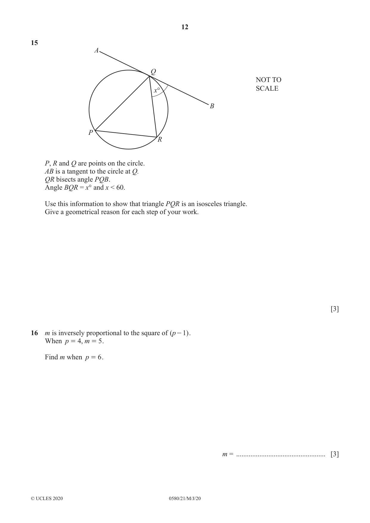 Cambridge IGCSE Mathematics 0580 2020 May/June Paper 2 · Variant 1 question paper, page 12 of 16
