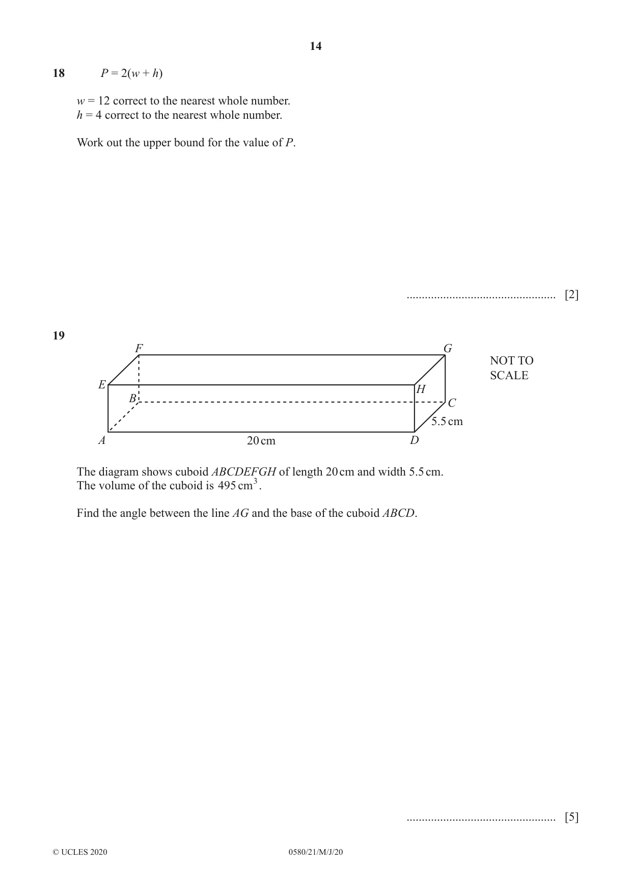 Cambridge IGCSE Mathematics 0580 2020 May/June Paper 2 · Variant 1 question paper, page 14 of 16