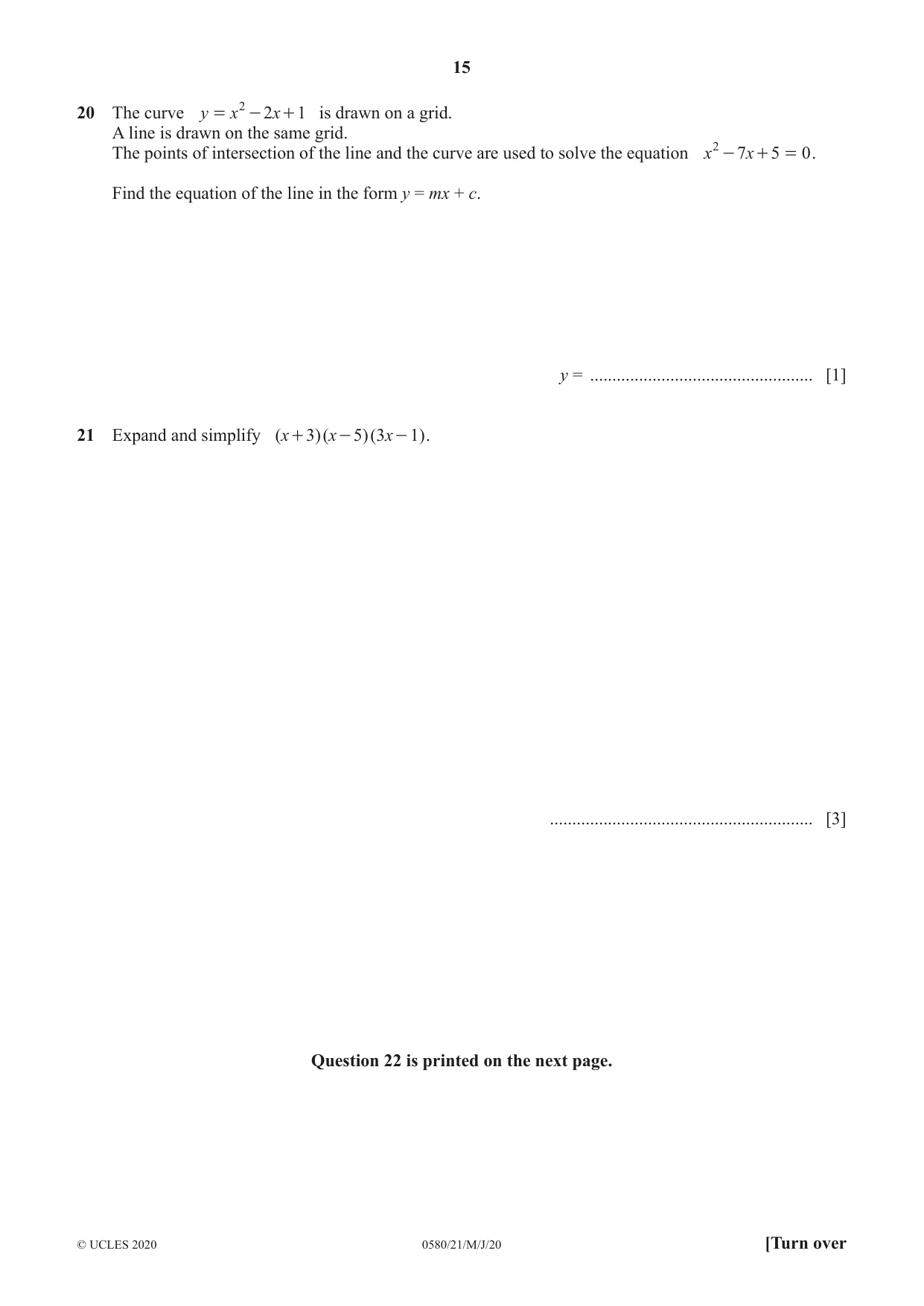 Cambridge IGCSE Mathematics 0580 2020 May/June Paper 2 · Variant 1 question paper, page 15 of 16