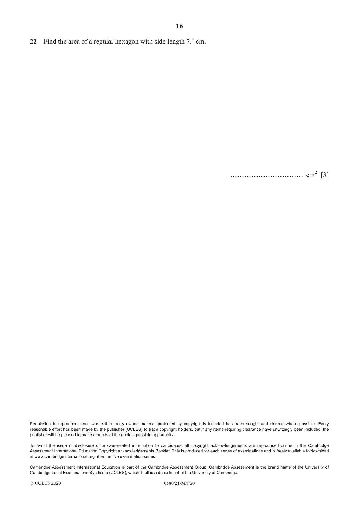 Cambridge IGCSE Mathematics 0580 2020 May/June Paper 2 · Variant 1 question paper, page 16 of 16