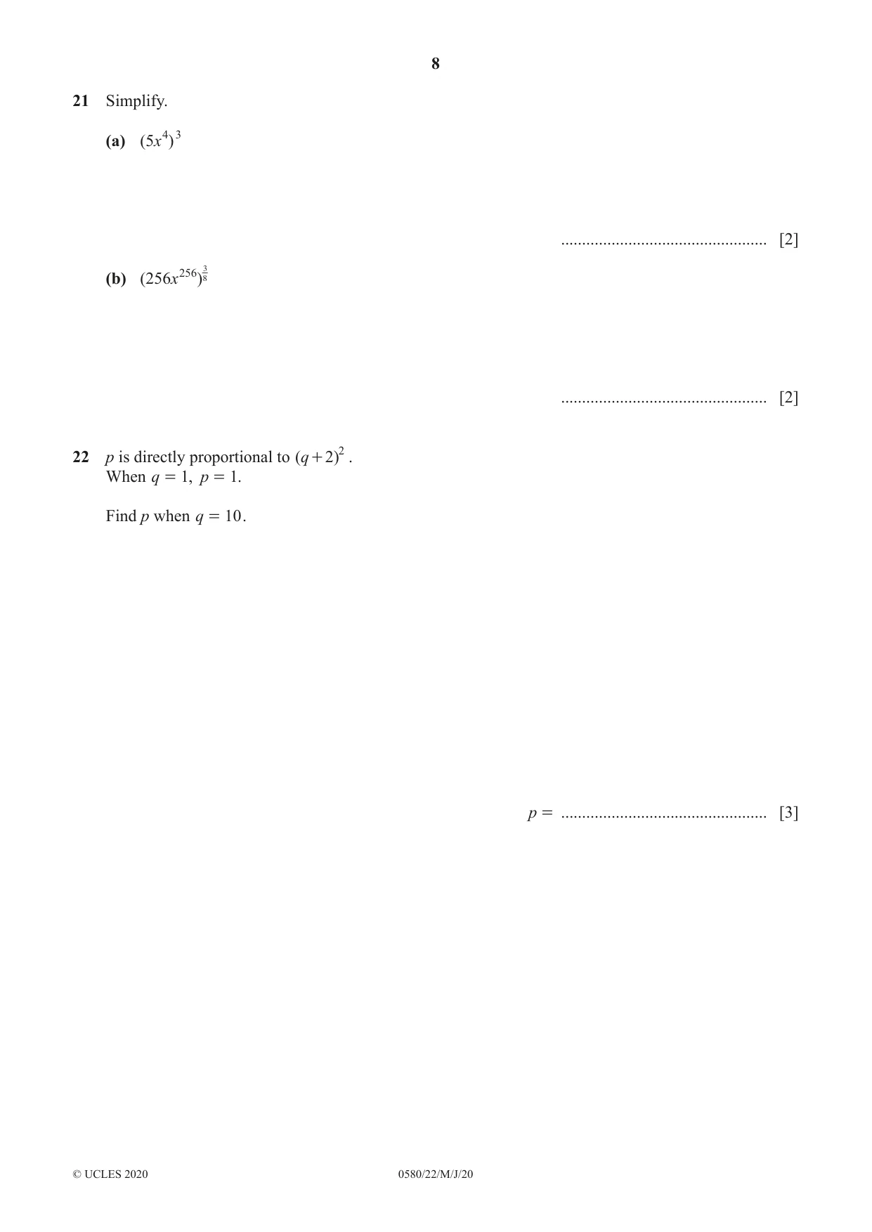 Cambridge IGCSE Mathematics 0580 2020 May/June Paper 2 · Variant 2 question paper, page 8 of 12