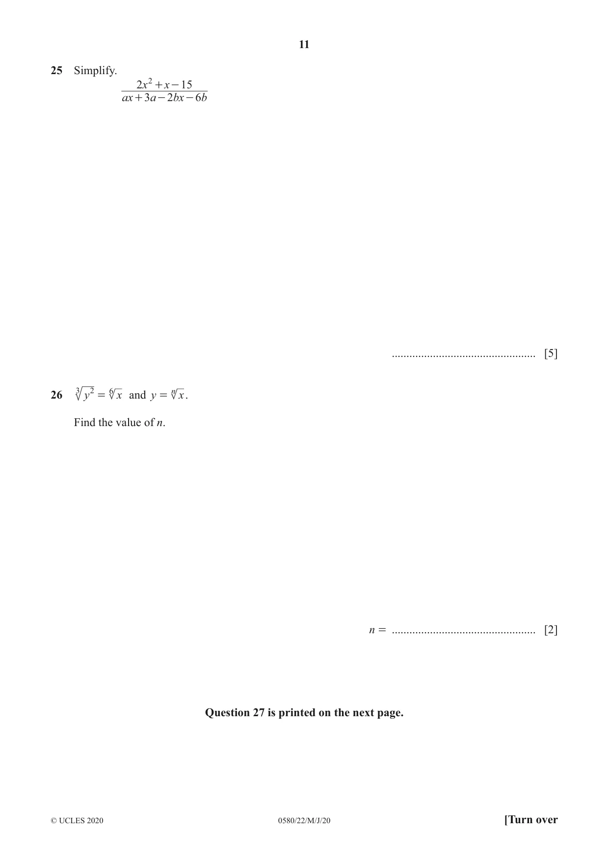 Cambridge IGCSE Mathematics 0580 2020 May/June Paper 2 · Variant 2 question paper, page 11 of 12