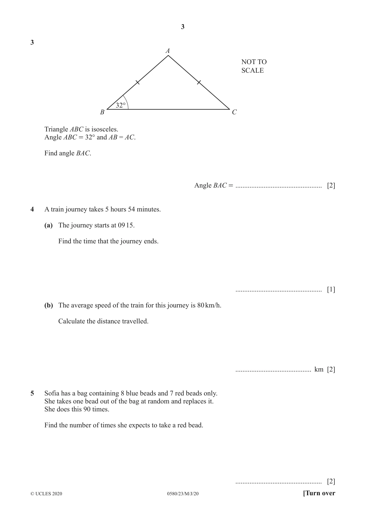 Cambridge IGCSE Mathematics 0580 2020 May/June Paper 2 · Variant 3 question paper, page 3 of 12