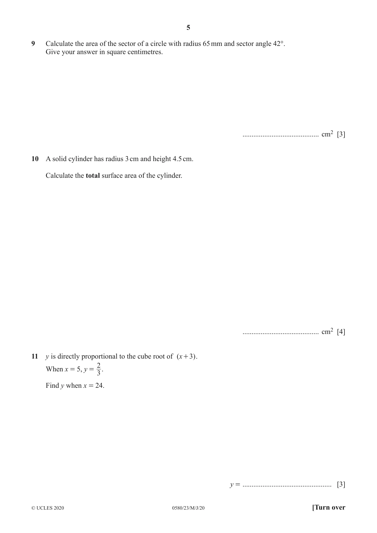 Cambridge IGCSE Mathematics 0580 2020 May/June Paper 2 · Variant 3 question paper, page 5 of 12