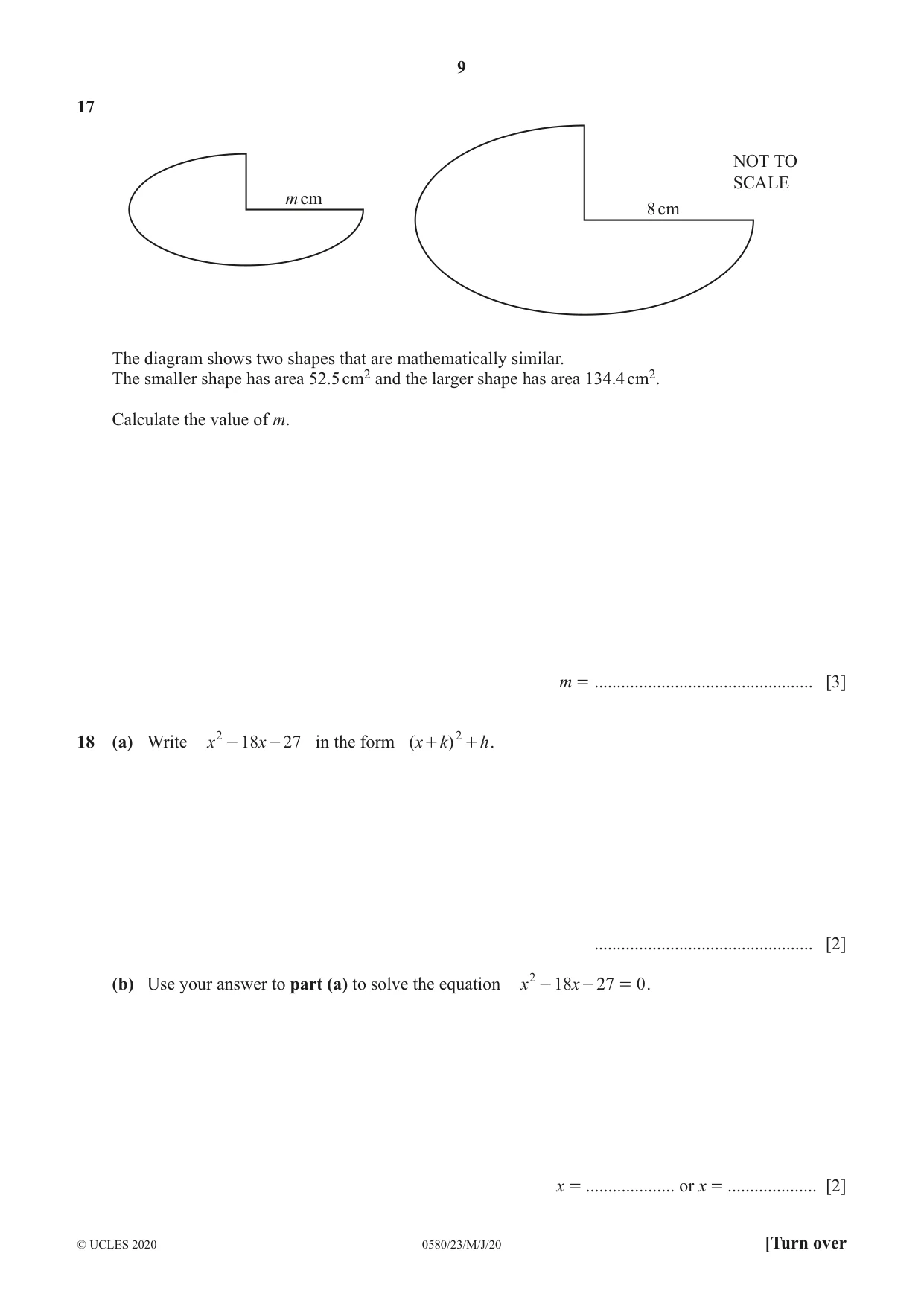 Cambridge IGCSE Mathematics 0580 2020 May/June Paper 2 · Variant 3 question paper, page 9 of 12