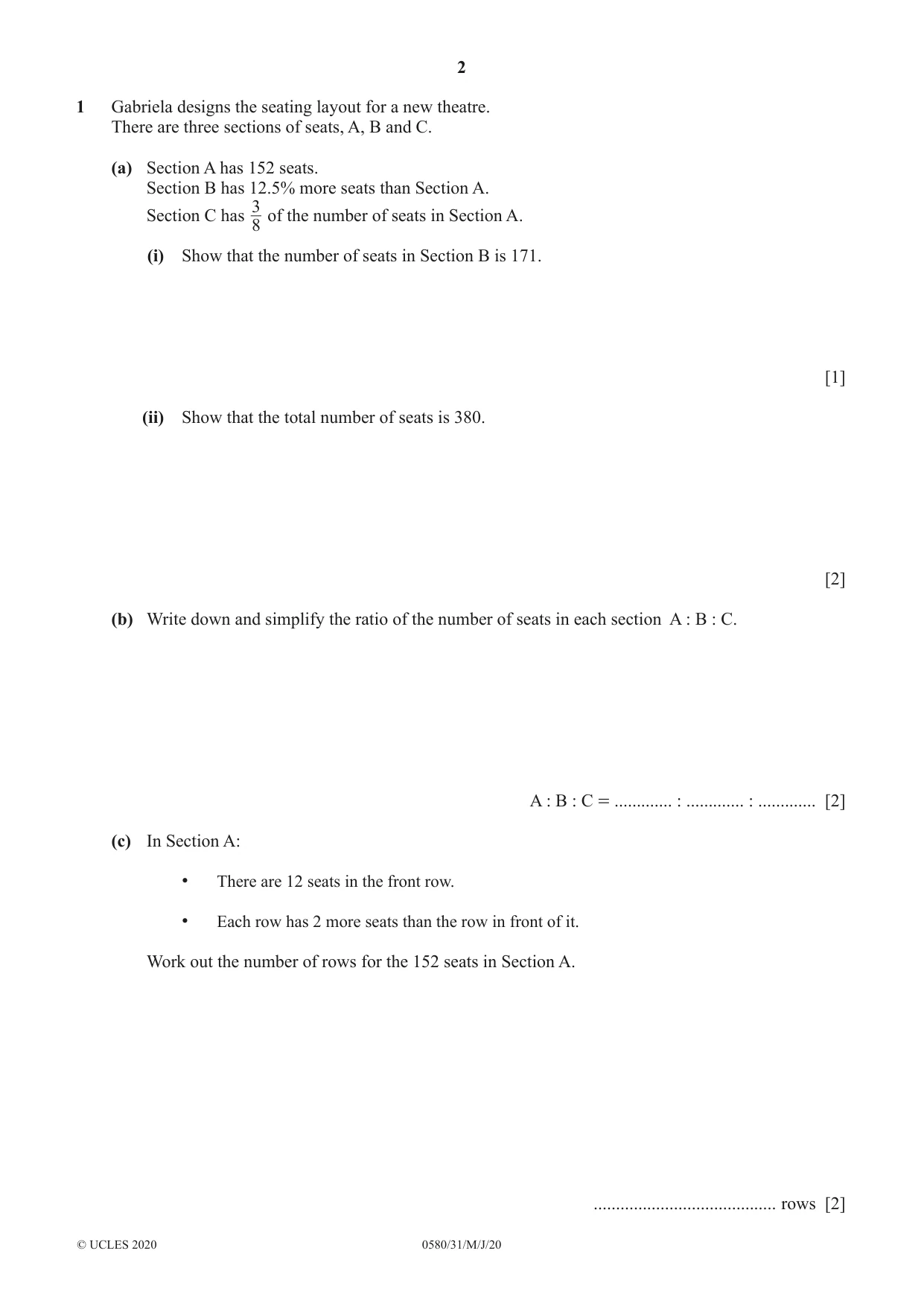 Cambridge IGCSE Mathematics 0580 2020 May/June Paper 3 · Variant 1 question paper, page 2 of 20