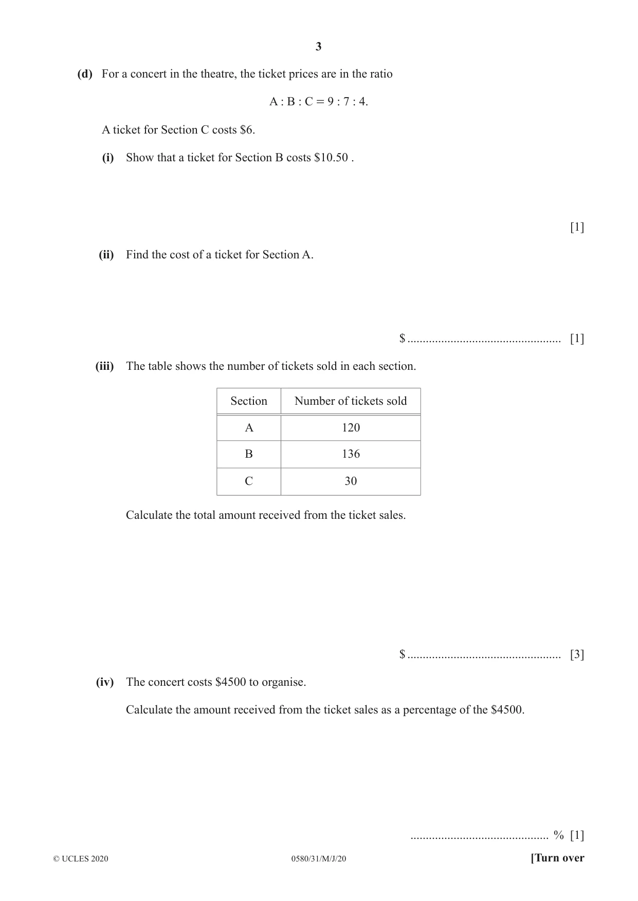 Cambridge IGCSE Mathematics 0580 2020 May/June Paper 3 · Variant 1 question paper, page 3 of 20