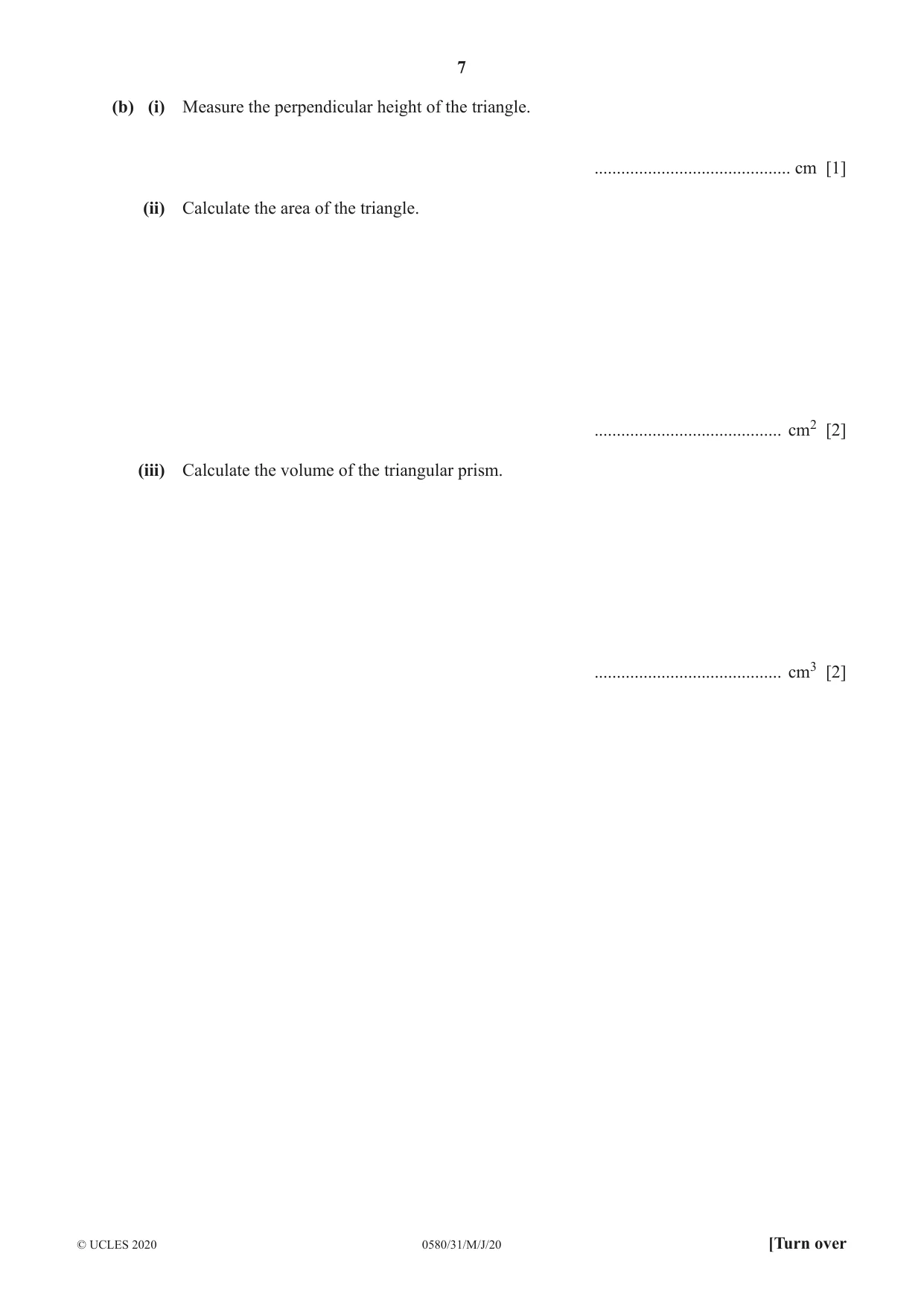Cambridge IGCSE Mathematics 0580 2020 May/June Paper 3 · Variant 1 question paper, page 7 of 20