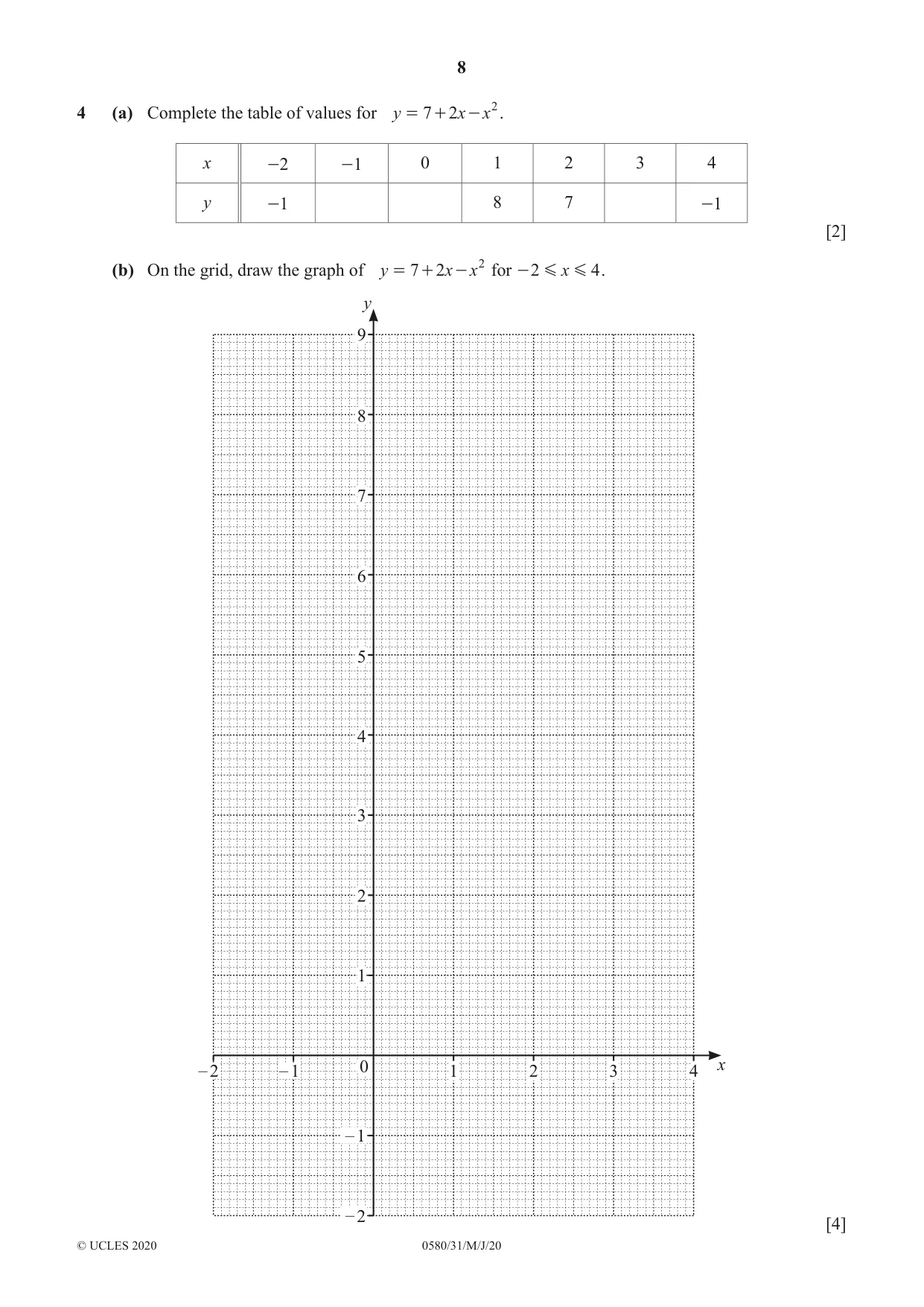 Cambridge IGCSE Mathematics 0580 2020 May/June Paper 3 · Variant 1 question paper, page 8 of 20