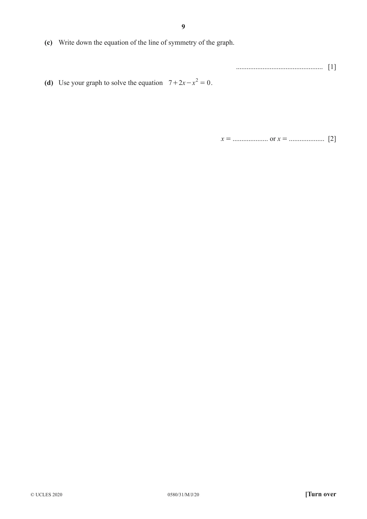 Cambridge IGCSE Mathematics 0580 2020 May/June Paper 3 · Variant 1 question paper, page 9 of 20