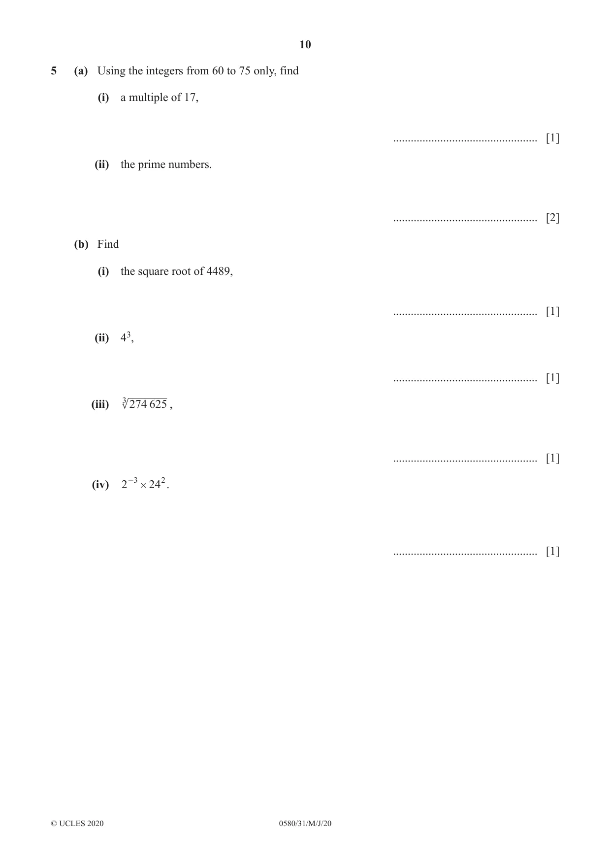 Cambridge IGCSE Mathematics 0580 2020 May/June Paper 3 · Variant 1 question paper, page 10 of 20