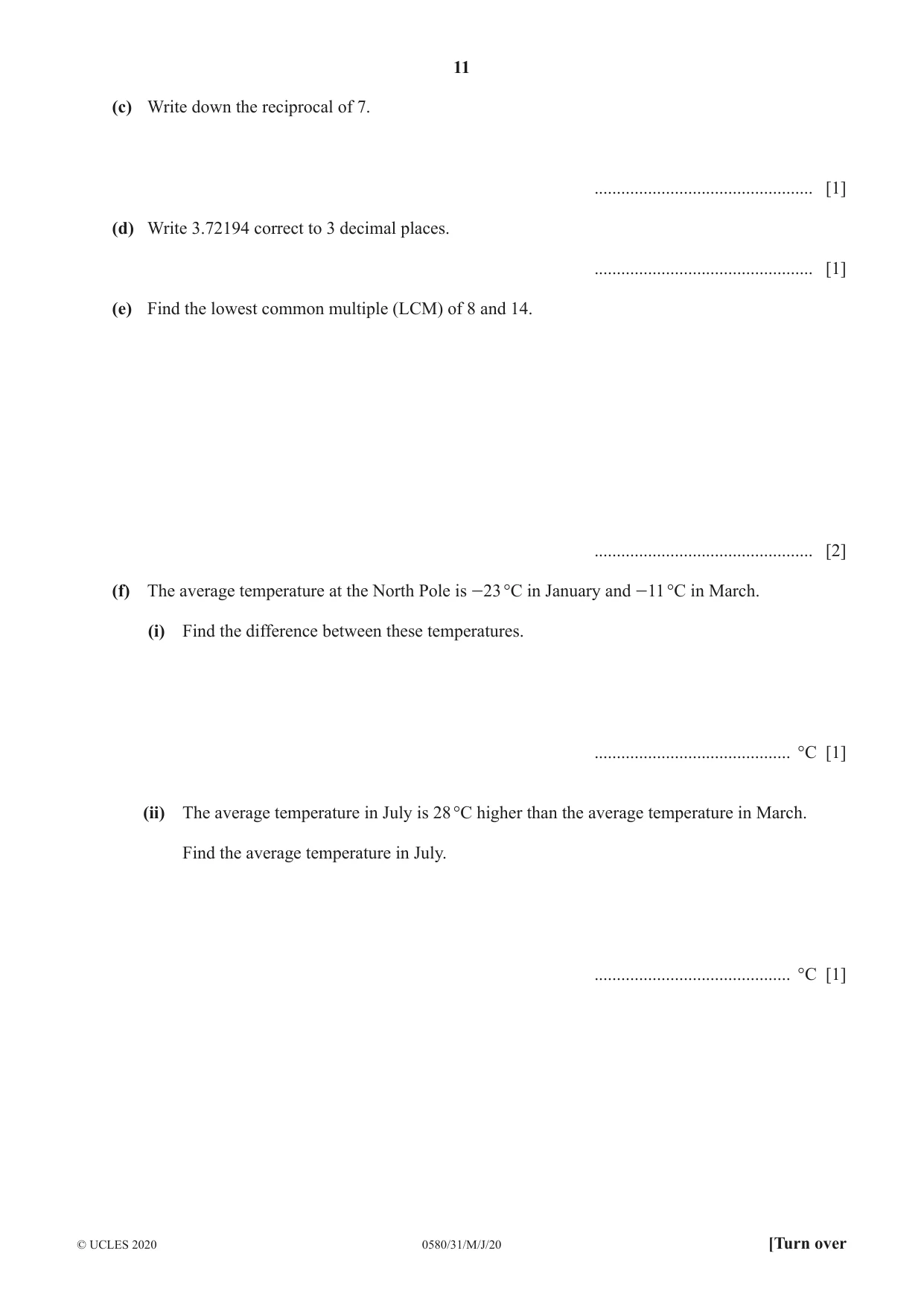 Cambridge IGCSE Mathematics 0580 2020 May/June Paper 3 · Variant 1 question paper, page 11 of 20