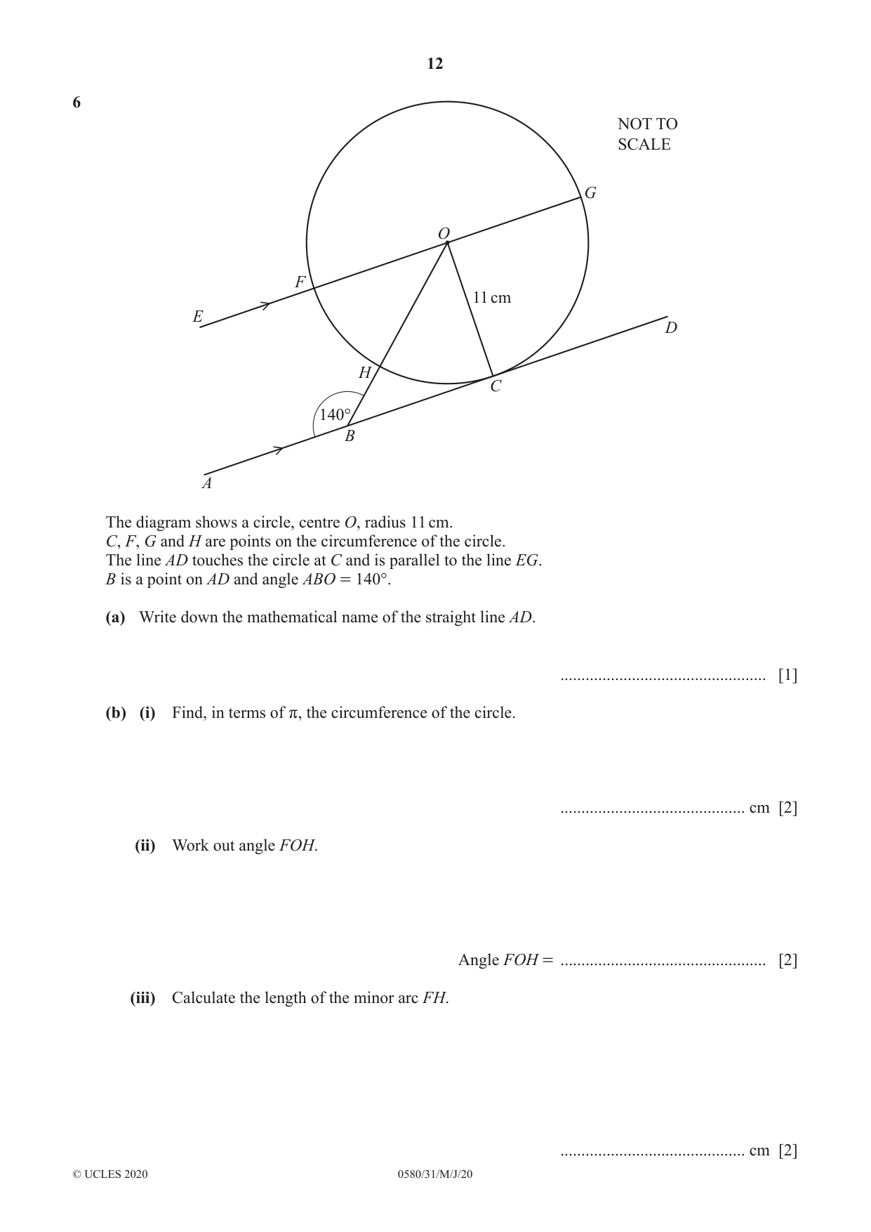 Cambridge IGCSE Mathematics 0580 2020 May/June Paper 3 · Variant 1 question paper, page 12 of 20