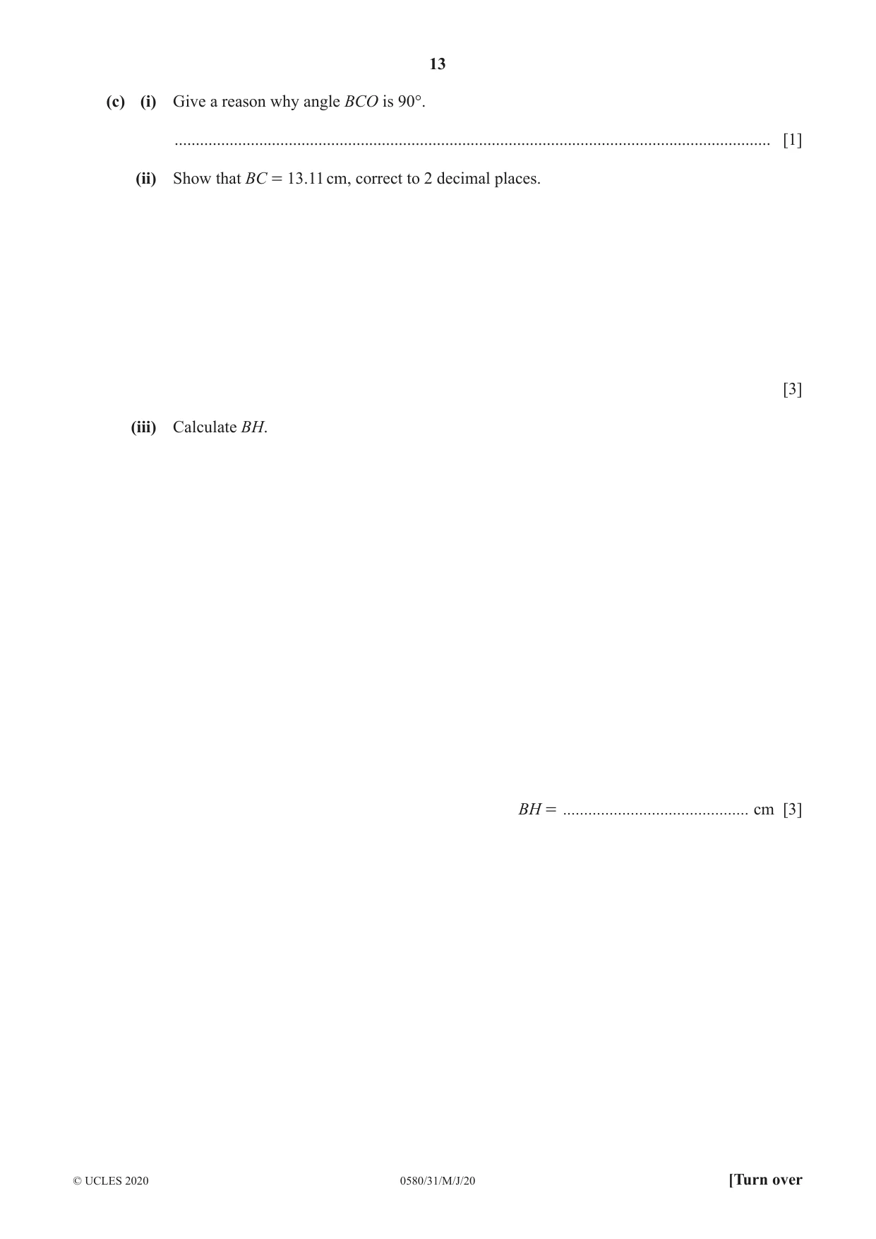 Cambridge IGCSE Mathematics 0580 2020 May/June Paper 3 · Variant 1 question paper, page 13 of 20