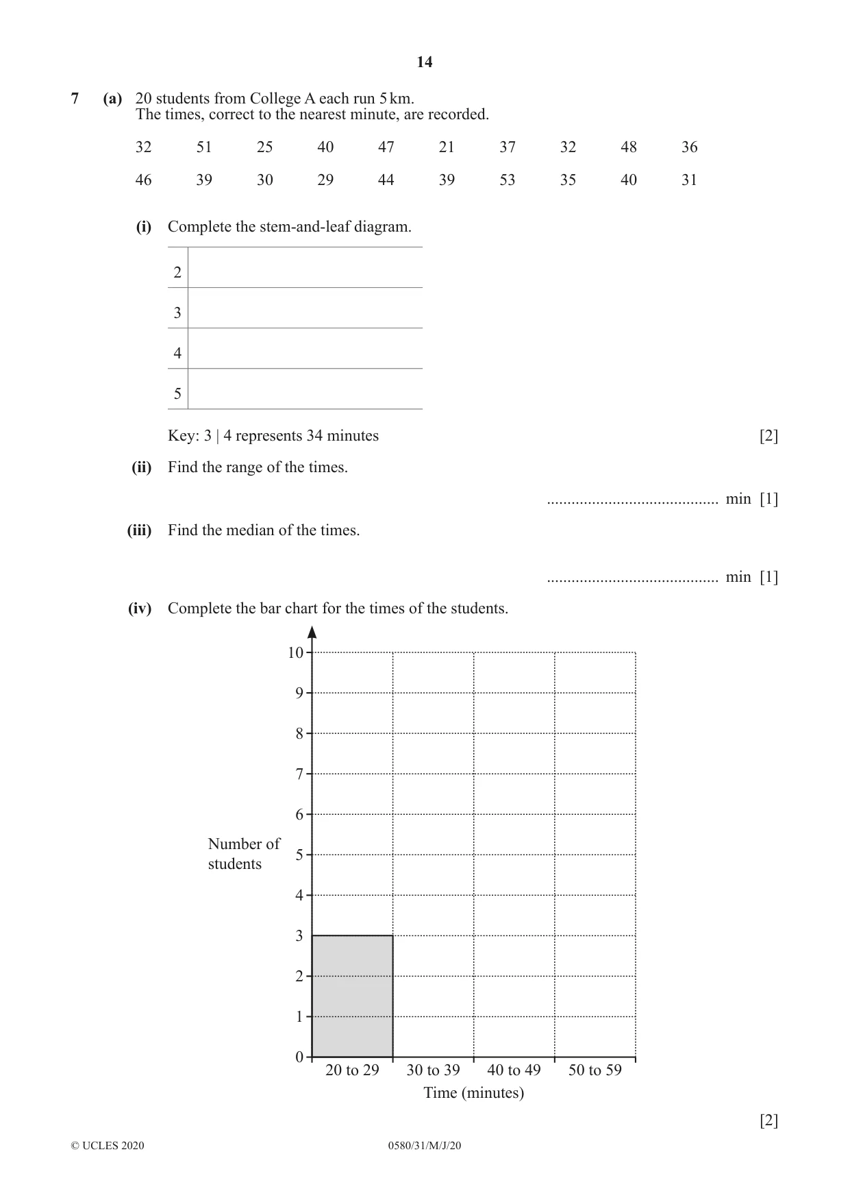 Cambridge IGCSE Mathematics 0580 2020 May/June Paper 3 · Variant 1 question paper, page 14 of 20