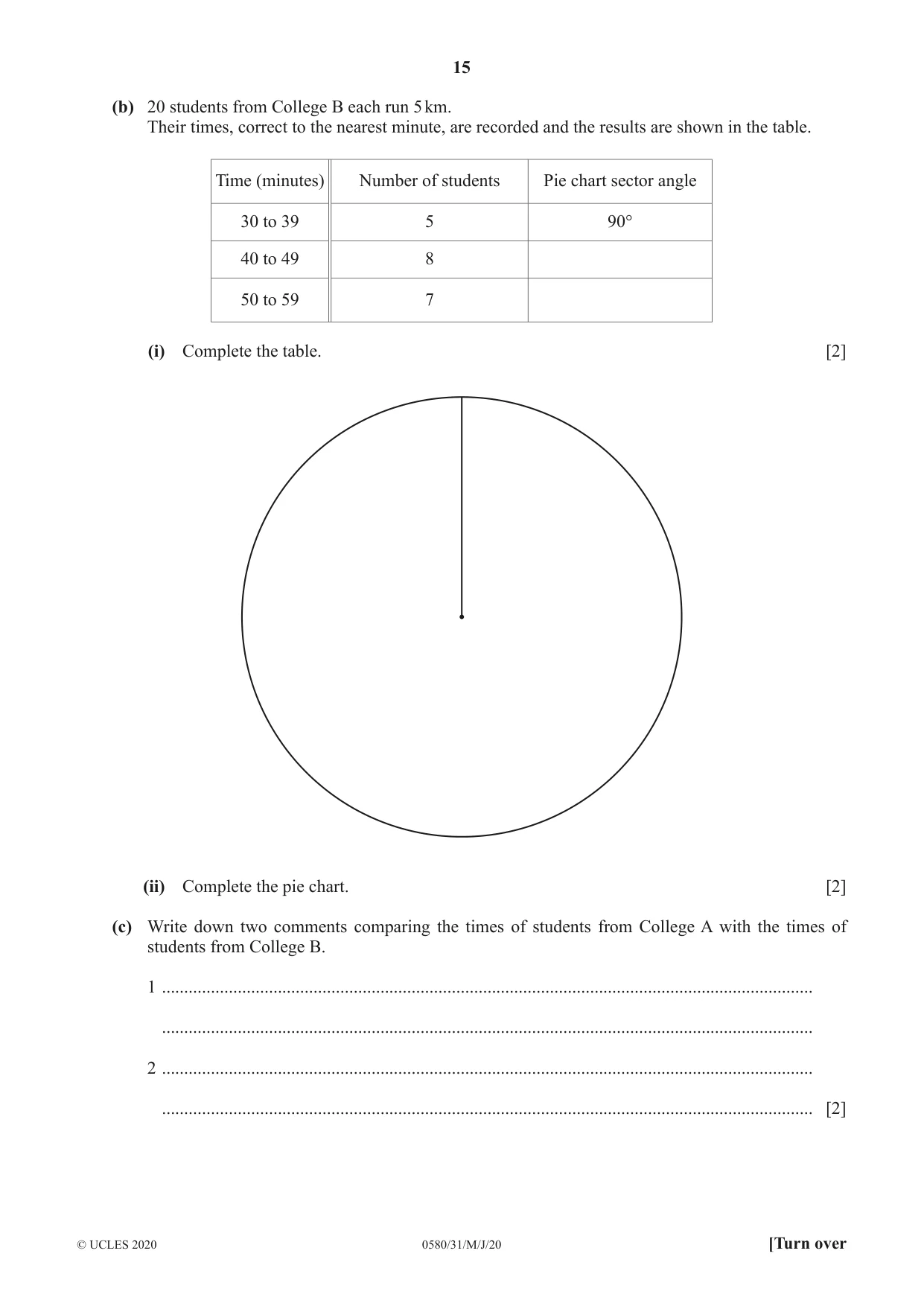 Cambridge IGCSE Mathematics 0580 2020 May/June Paper 3 · Variant 1 question paper, page 15 of 20