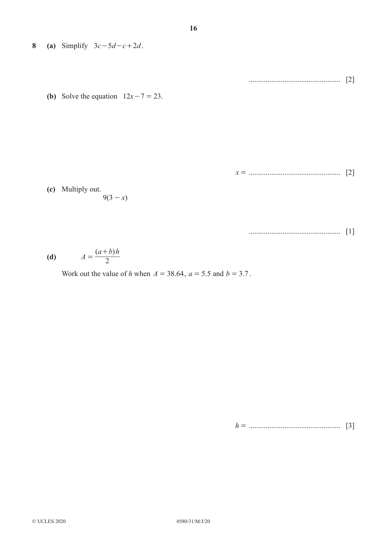 Cambridge IGCSE Mathematics 0580 2020 May/June Paper 3 · Variant 1 question paper, page 16 of 20
