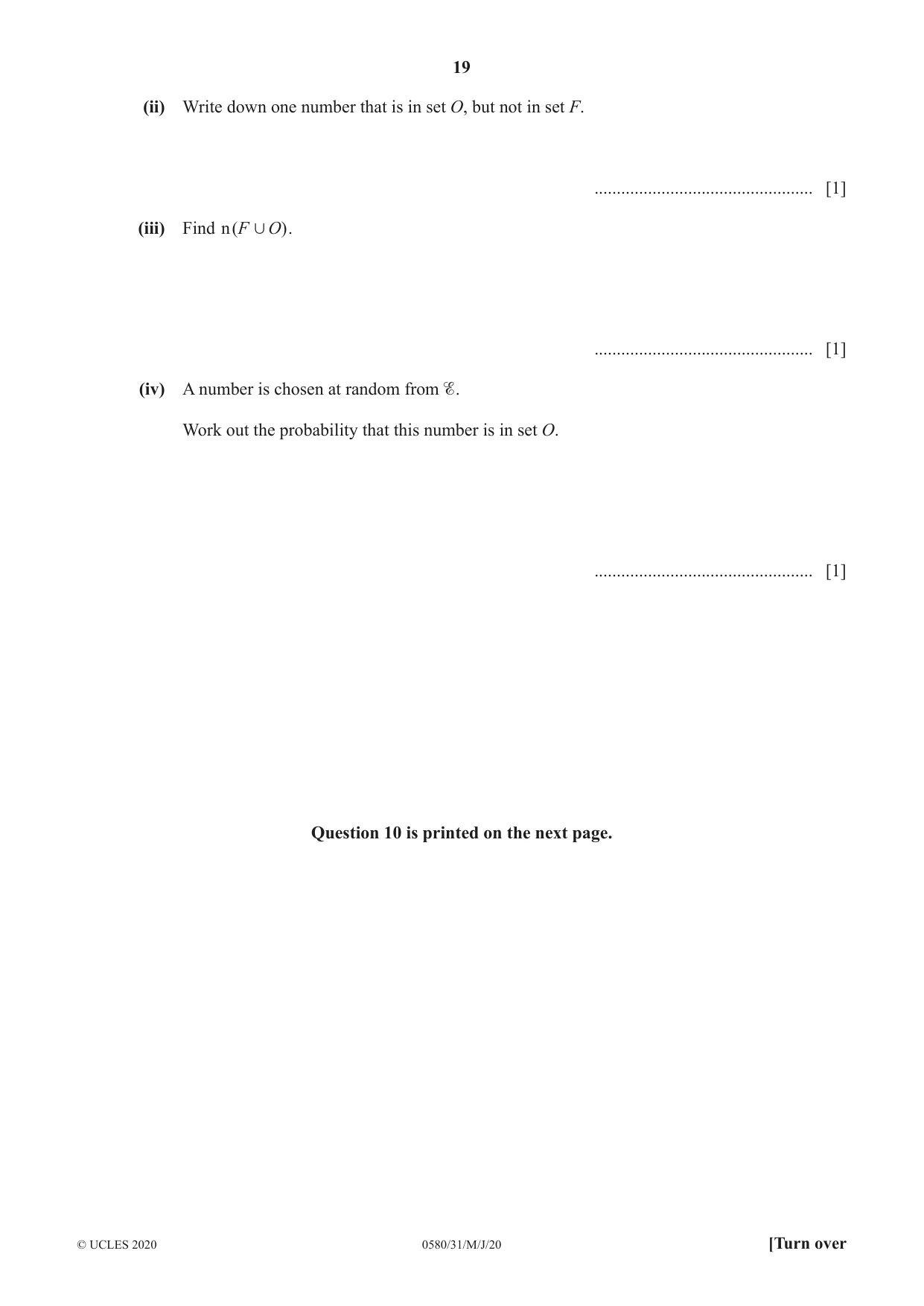 Cambridge IGCSE Mathematics 0580 2020 May/June Paper 3 · Variant 1 question paper, page 19 of 20