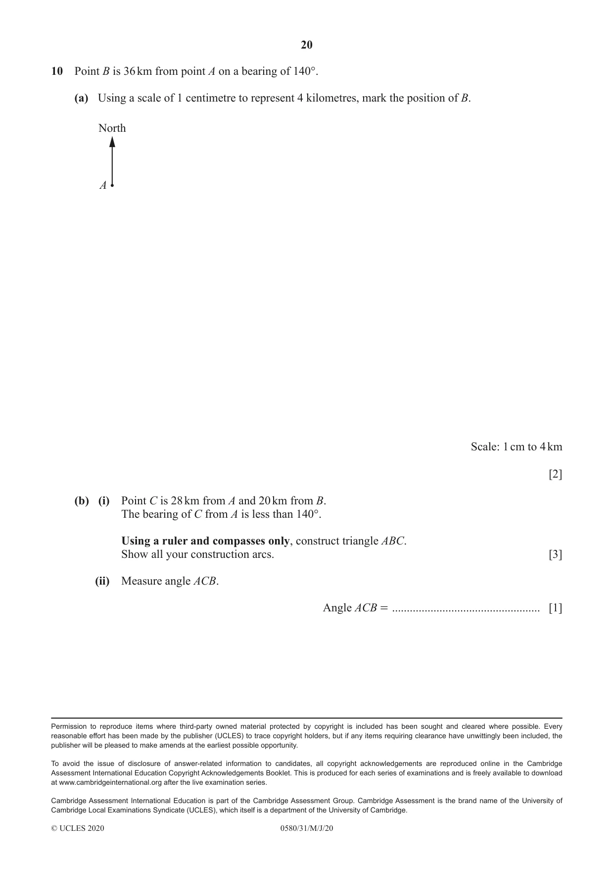 Cambridge IGCSE Mathematics 0580 2020 May/June Paper 3 · Variant 1 question paper, page 20 of 20