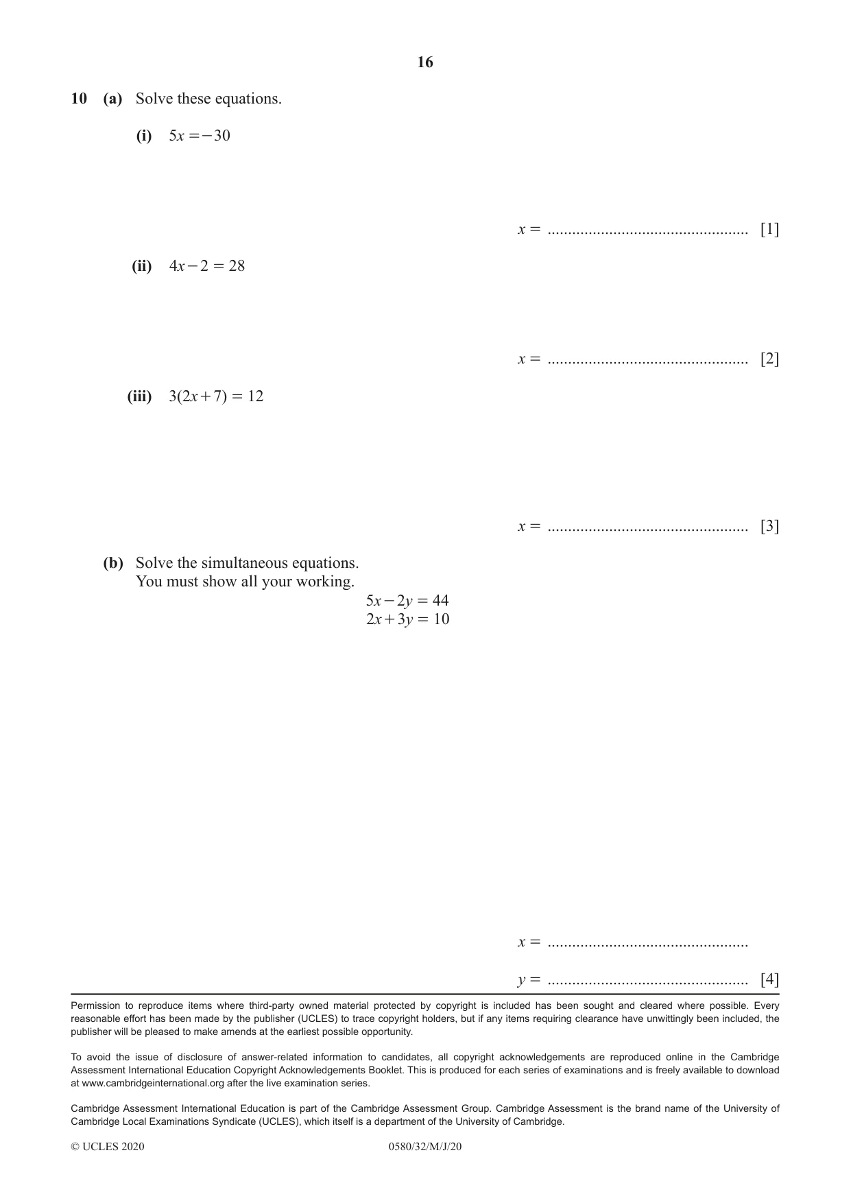 Cambridge IGCSE Mathematics 0580 2020 May/June Paper 3 · Variant 2 question paper, page 16 of 16