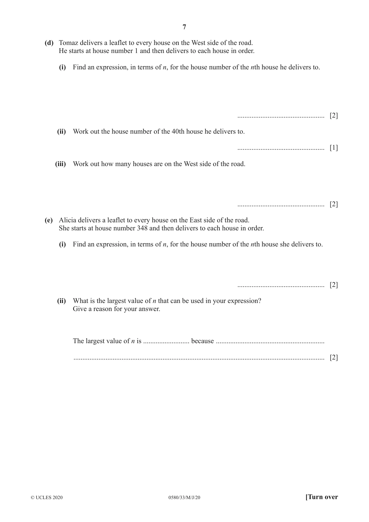 Cambridge IGCSE Mathematics 0580 2020 May/June Paper 3 · Variant 3 question paper, page 7 of 16