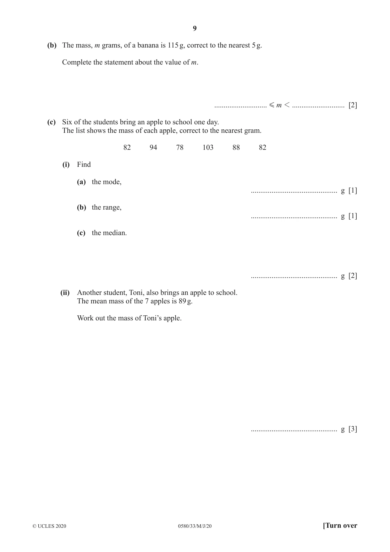 Cambridge IGCSE Mathematics 0580 2020 May/June Paper 3 · Variant 3 question paper, page 9 of 16
