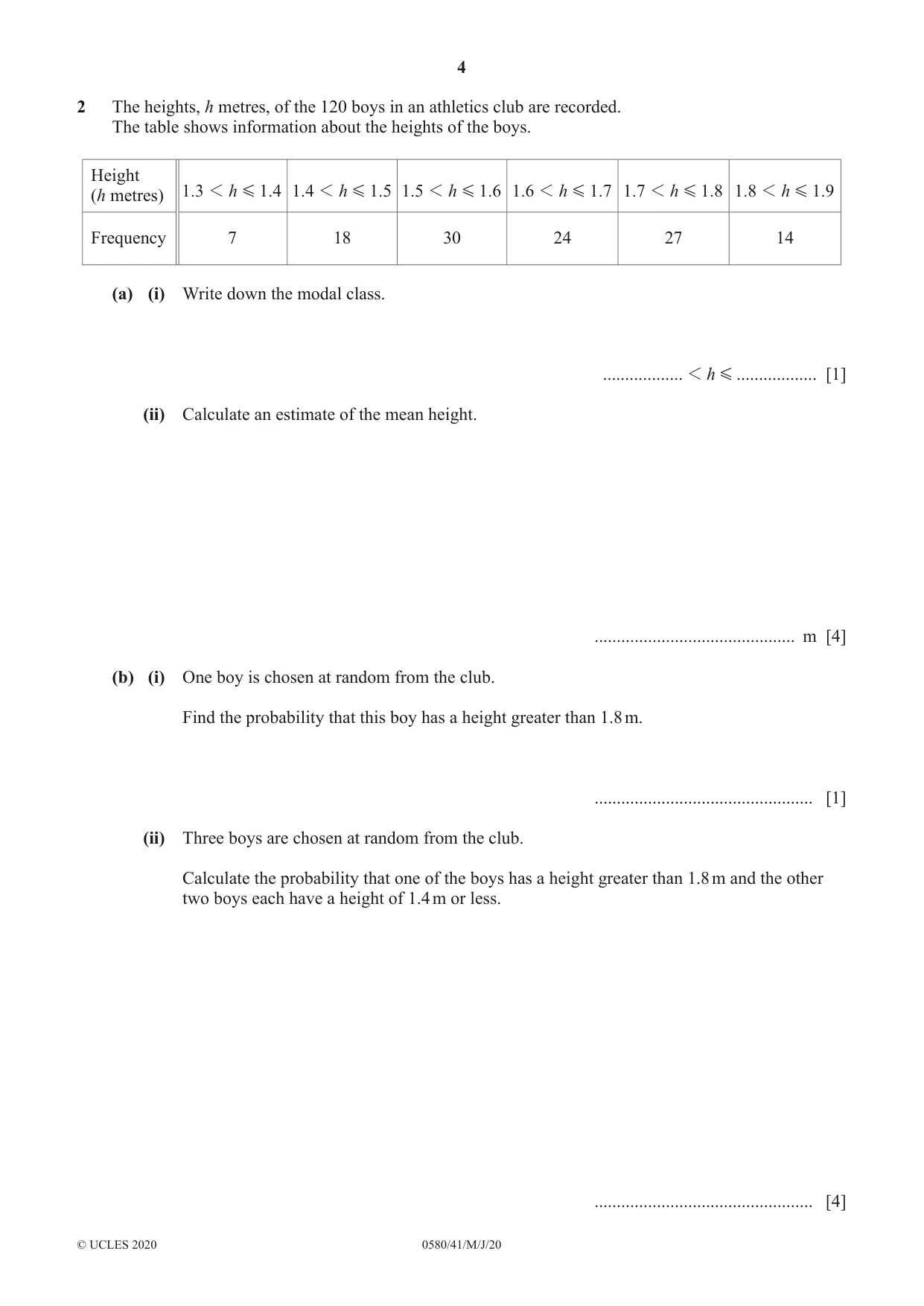 Cambridge IGCSE Mathematics 0580 2020 May/June Paper 4 · Variant 1 question paper, page 4 of 20