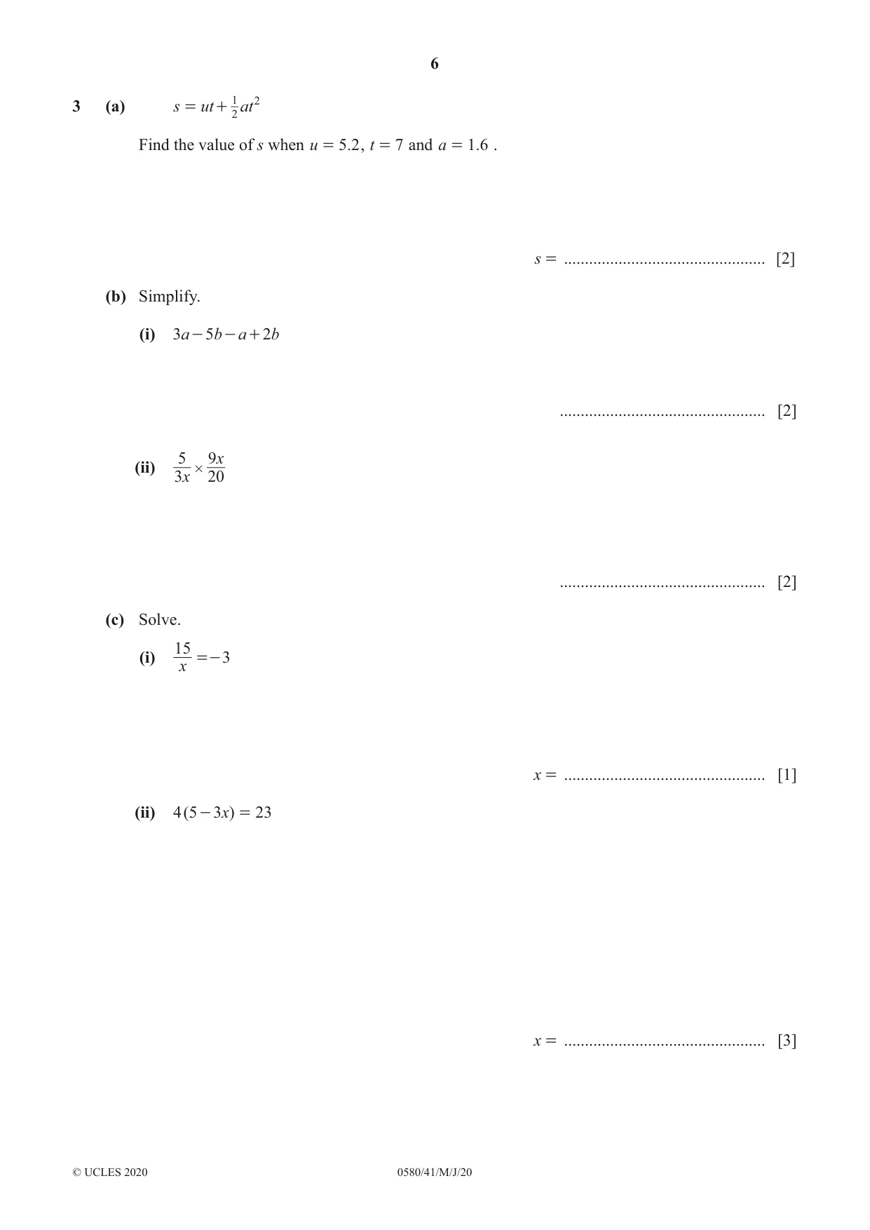 Cambridge IGCSE Mathematics 0580 2020 May/June Paper 4 · Variant 1 question paper, page 6 of 20