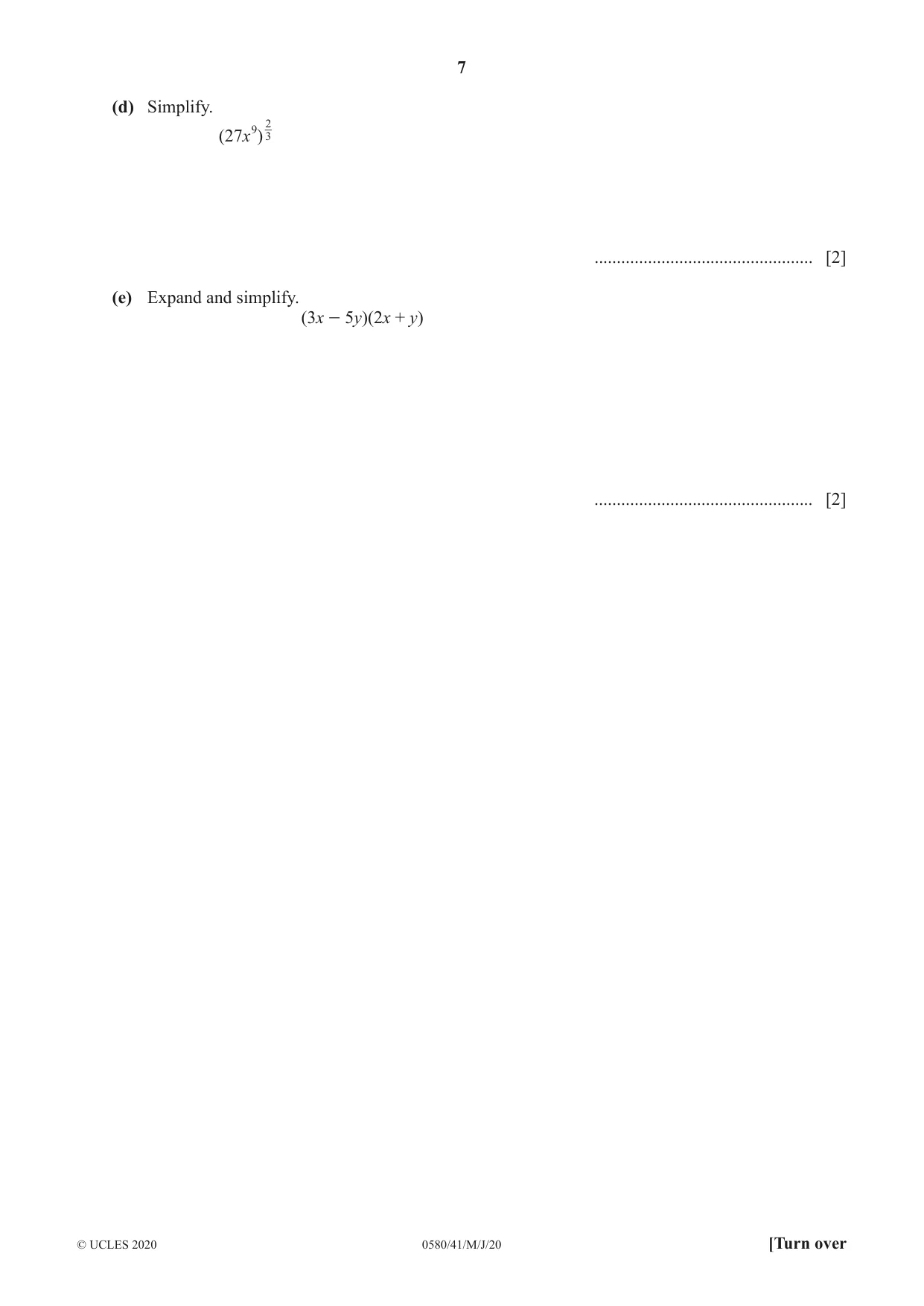 Cambridge IGCSE Mathematics 0580 2020 May/June Paper 4 · Variant 1 question paper, page 7 of 20