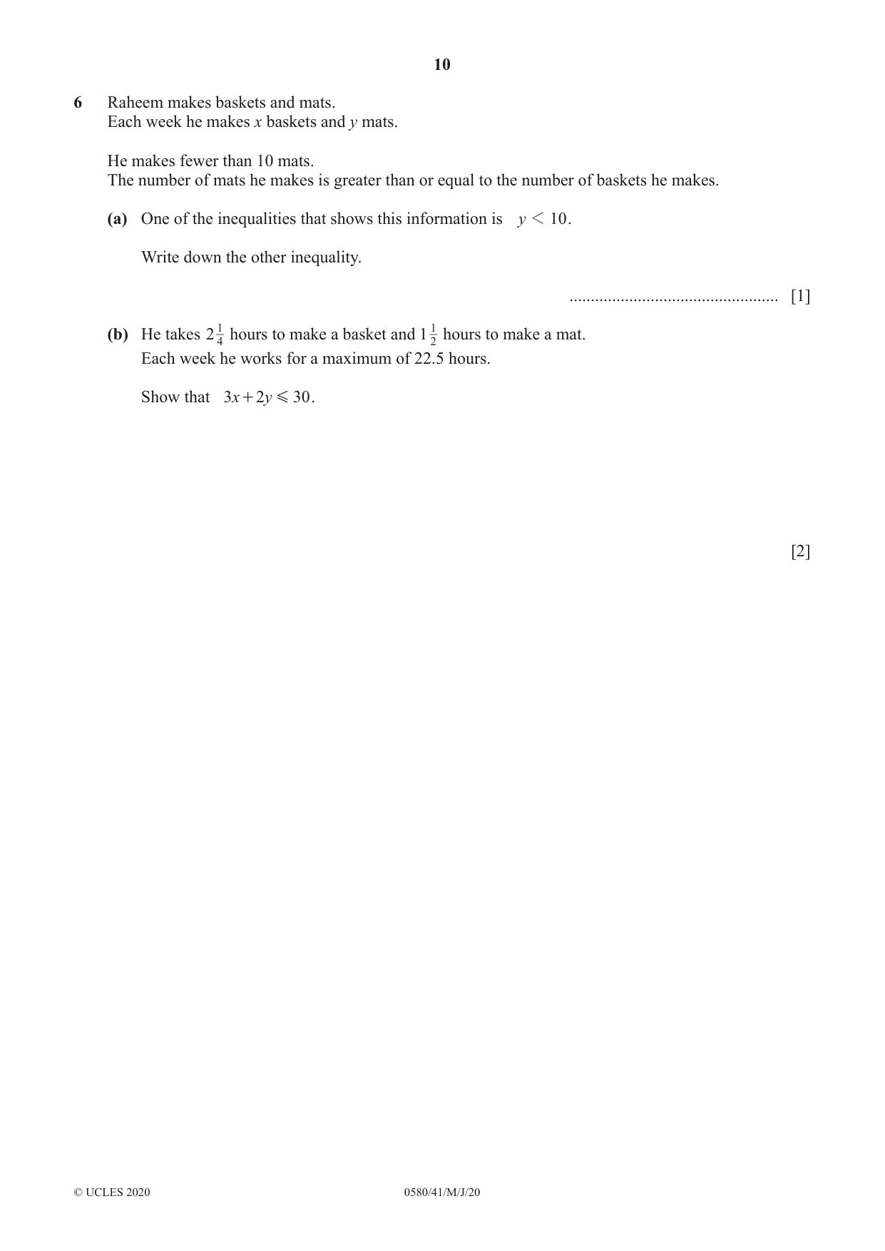 Cambridge IGCSE Mathematics 0580 2020 May/June Paper 4 · Variant 1 question paper, page 10 of 20