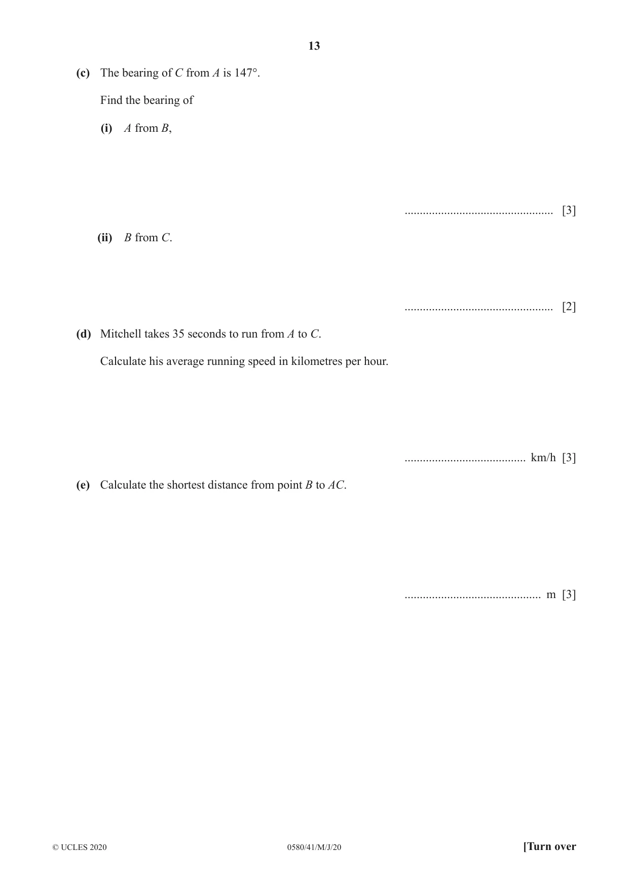 Cambridge IGCSE Mathematics 0580 2020 May/June Paper 4 · Variant 1 question paper, page 13 of 20
