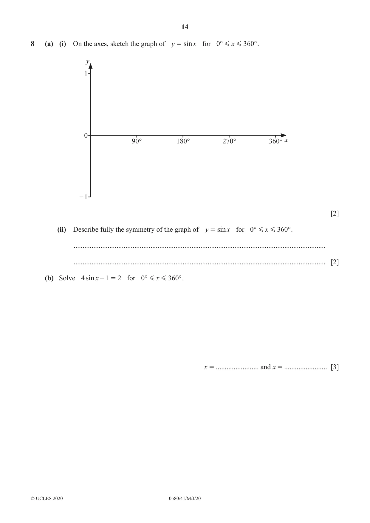 Cambridge IGCSE Mathematics 0580 2020 May/June Paper 4 · Variant 1 question paper, page 14 of 20