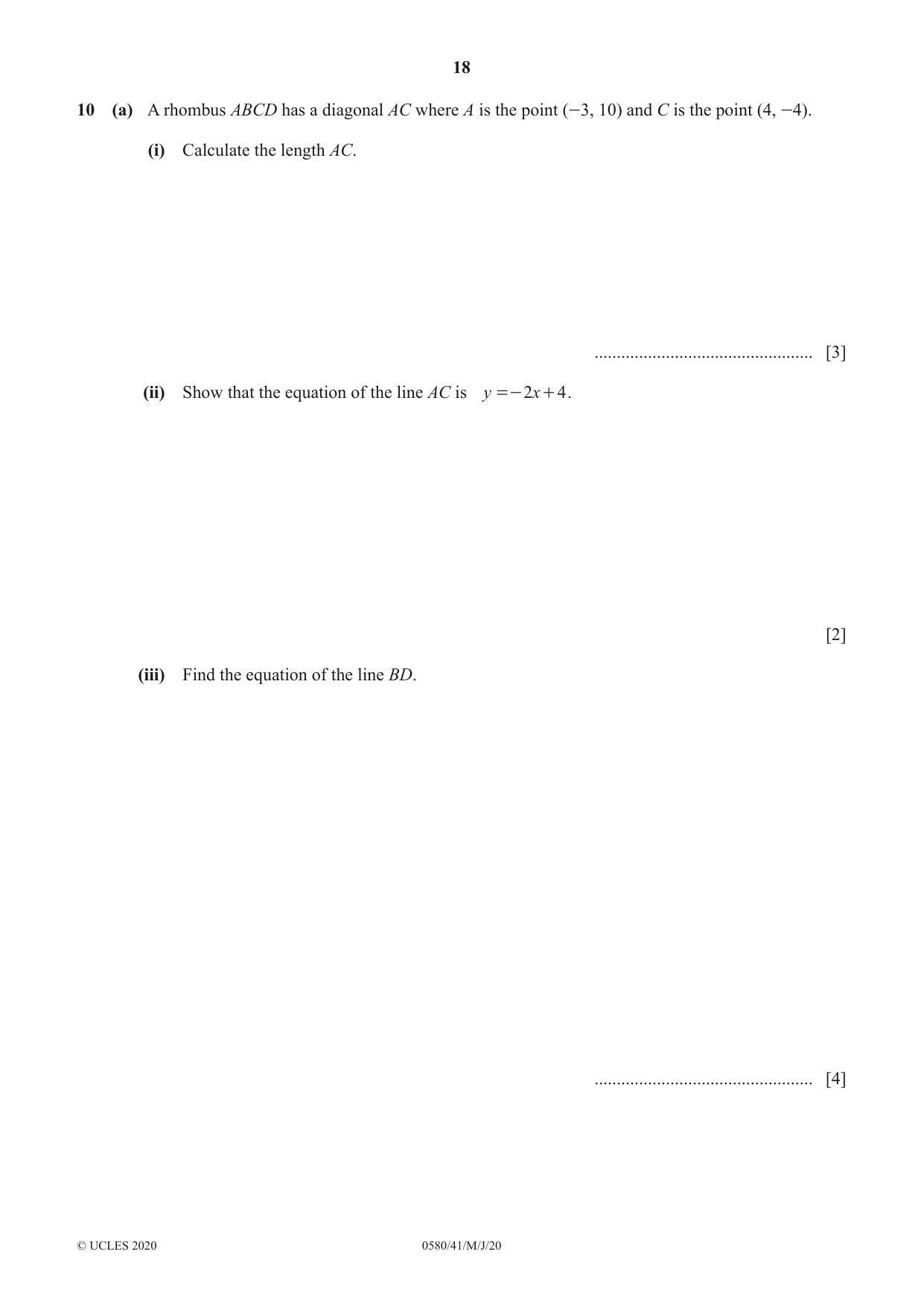 Cambridge IGCSE Mathematics 0580 2020 May/June Paper 4 · Variant 1 question paper, page 18 of 20