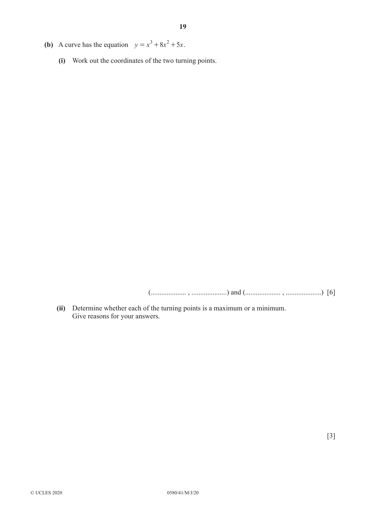 Cambridge IGCSE Mathematics 0580 2020 May/June Paper 4 · Variant 1 question paper, page 19 of 20