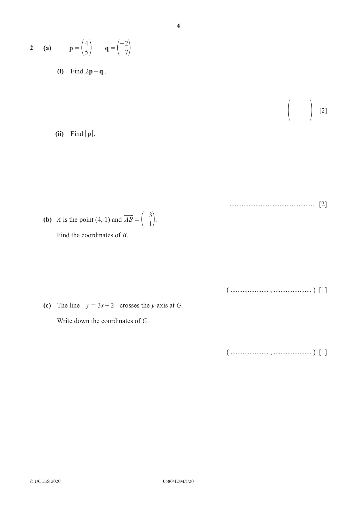 Cambridge IGCSE Mathematics 0580 2020 May/June Paper 4 · Variant 2 question paper, page 4 of 20