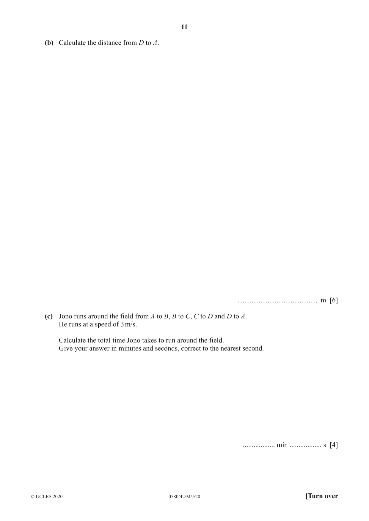 Cambridge IGCSE Mathematics 0580 2020 May/June Paper 4 · Variant 2 question paper, page 11 of 20