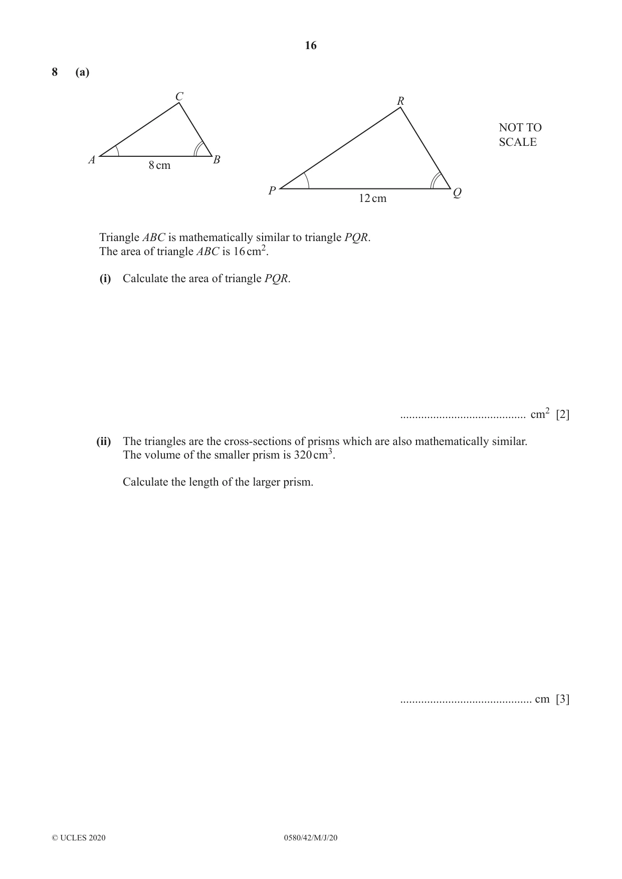 Cambridge IGCSE Mathematics 0580 2020 May/June Paper 4 · Variant 2 question paper, page 16 of 20