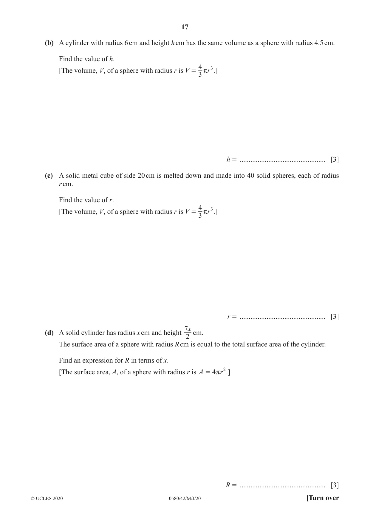 Cambridge IGCSE Mathematics 0580 2020 May/June Paper 4 · Variant 2 question paper, page 17 of 20