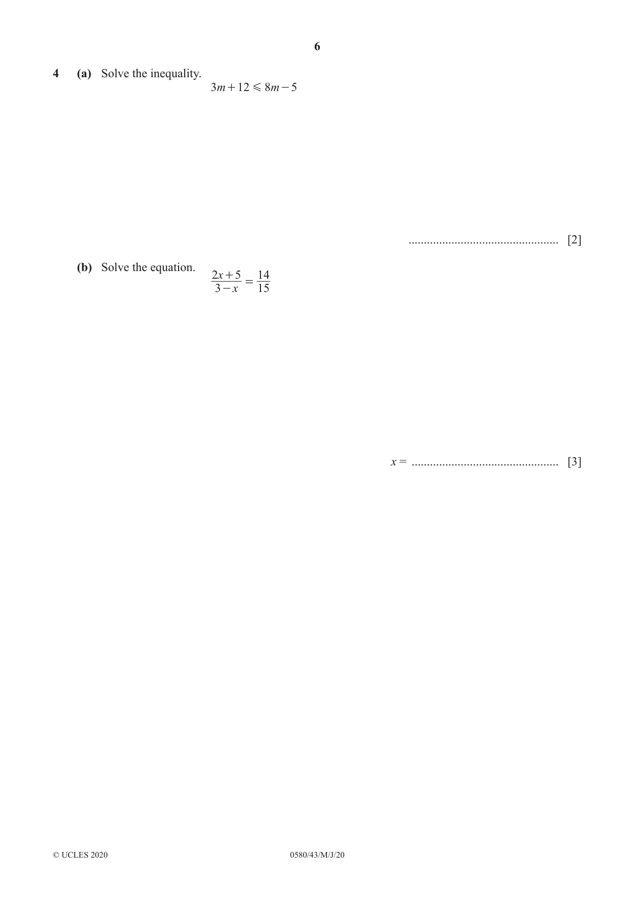 Cambridge IGCSE Mathematics 0580 2020 May/June Paper 4 · Variant 3 question paper, page 6 of 24