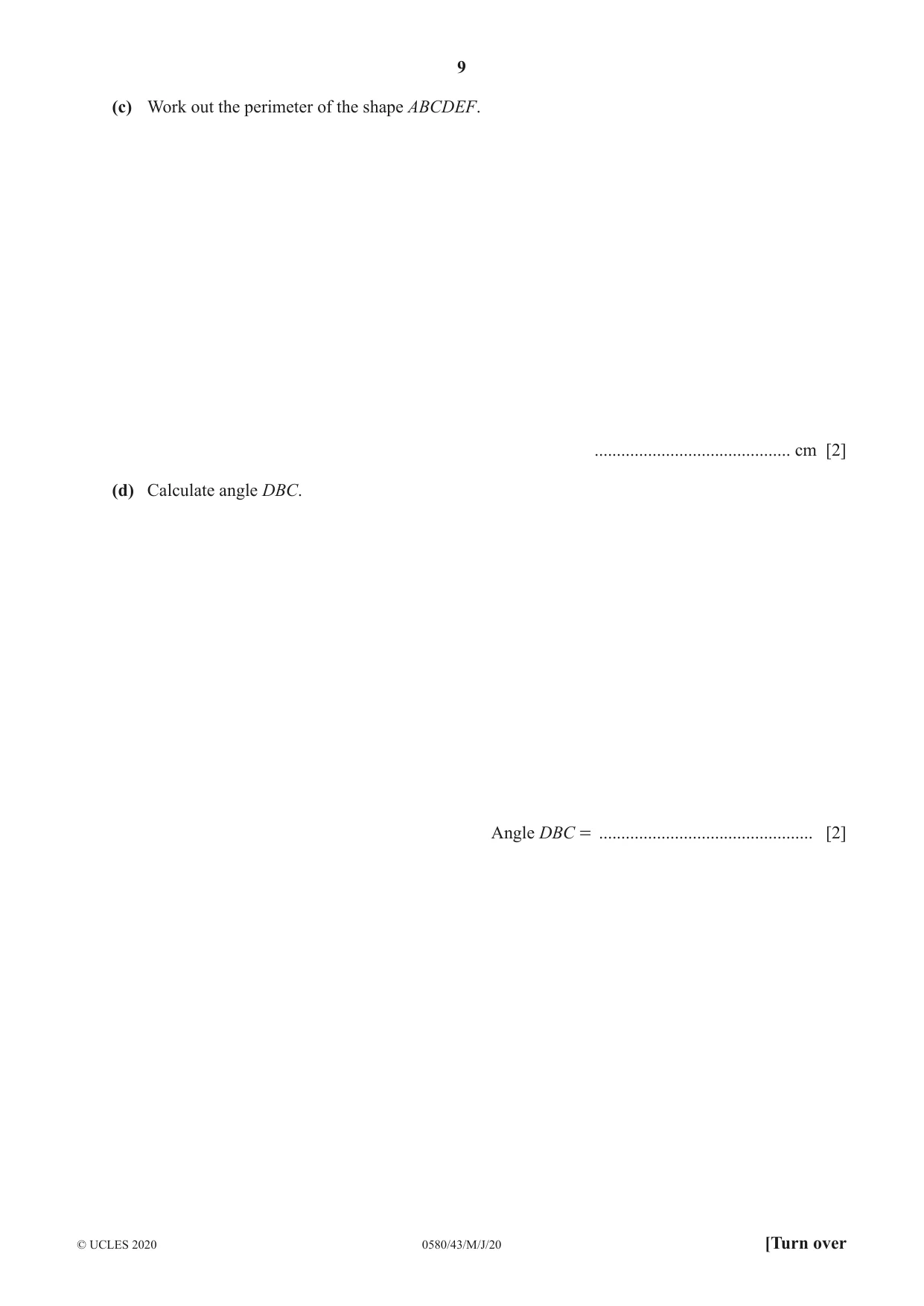 Cambridge IGCSE Mathematics 0580 2020 May/June Paper 4 · Variant 3 question paper, page 9 of 24