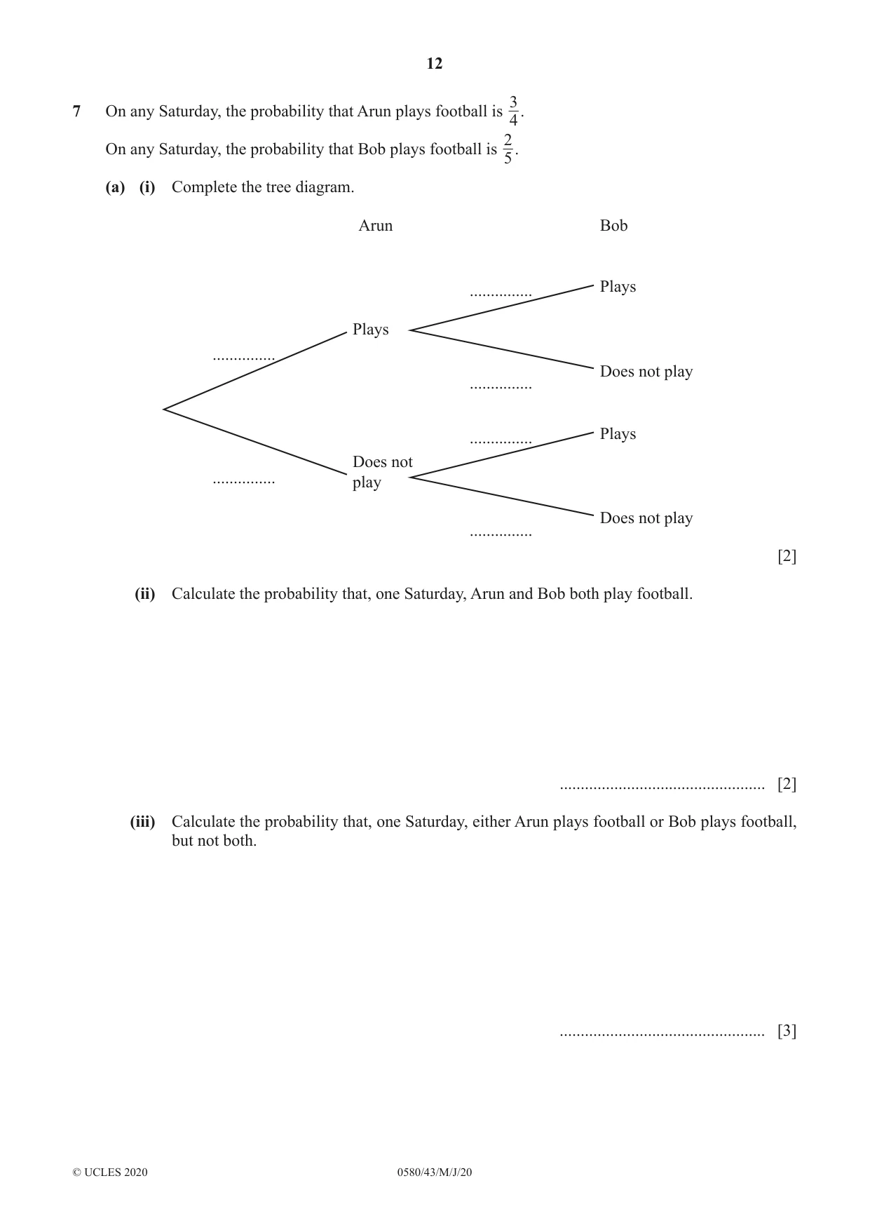 Cambridge IGCSE Mathematics 0580 2020 May/June Paper 4 · Variant 3 question paper, page 12 of 24