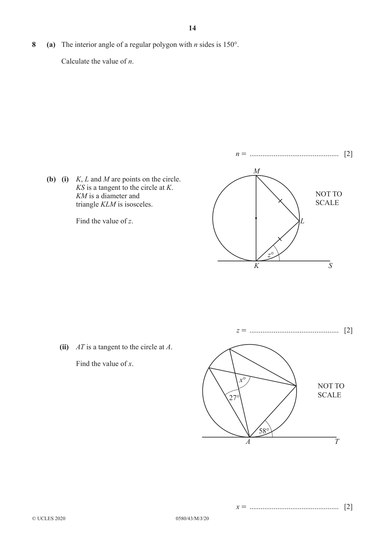 Cambridge IGCSE Mathematics 0580 2020 May/June Paper 4 · Variant 3 question paper, page 14 of 24