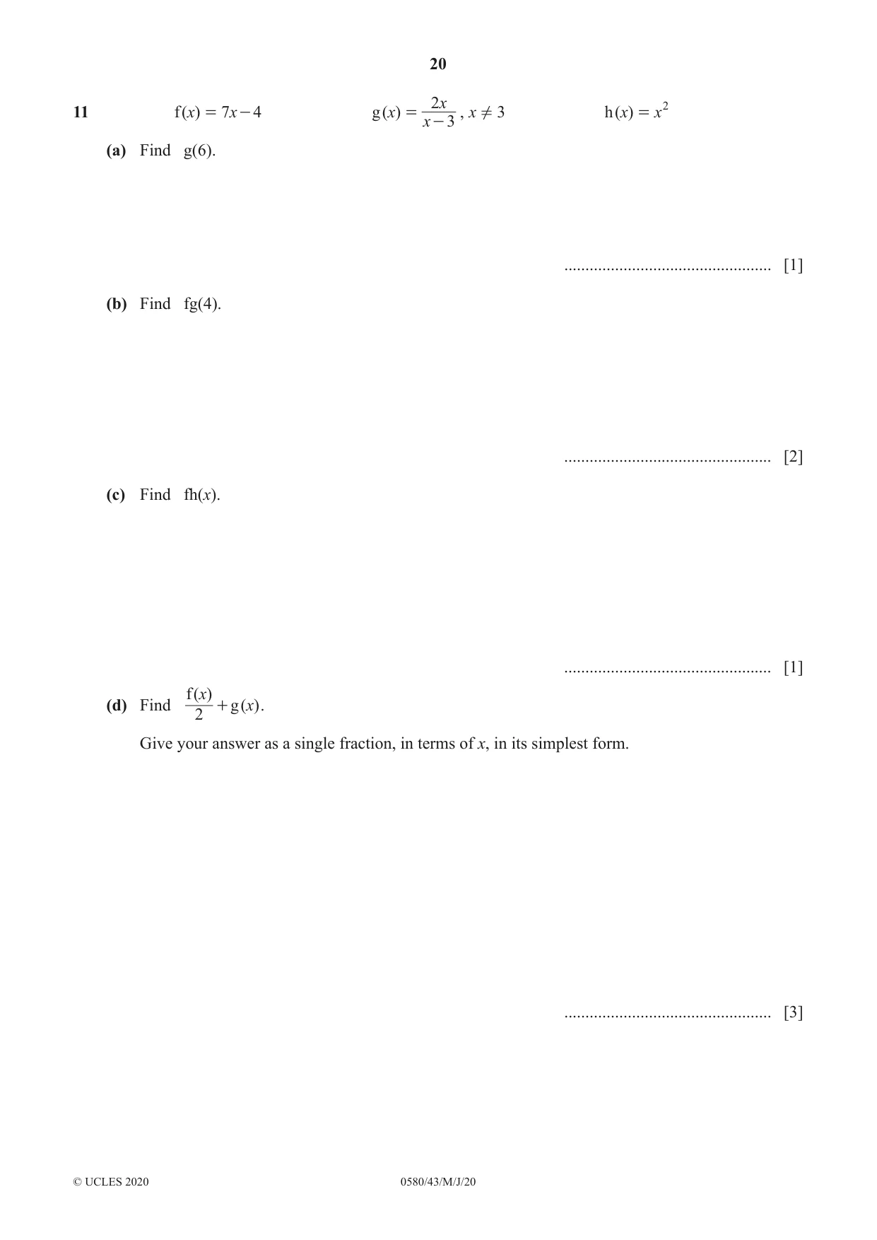 Cambridge IGCSE Mathematics 0580 2020 May/June Paper 4 · Variant 3 question paper, page 20 of 24