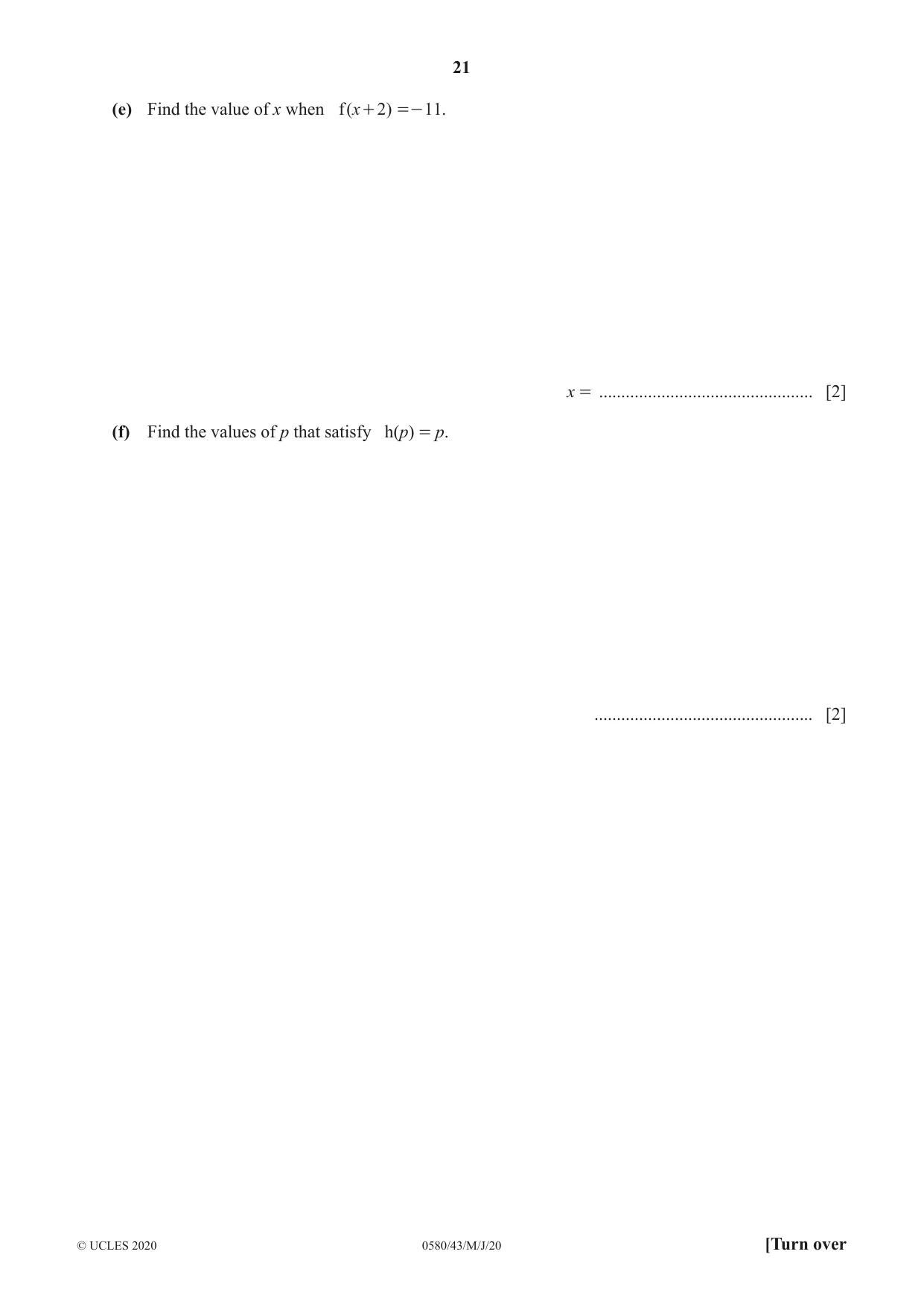 Cambridge IGCSE Mathematics 0580 2020 May/June Paper 4 · Variant 3 question paper, page 21 of 24