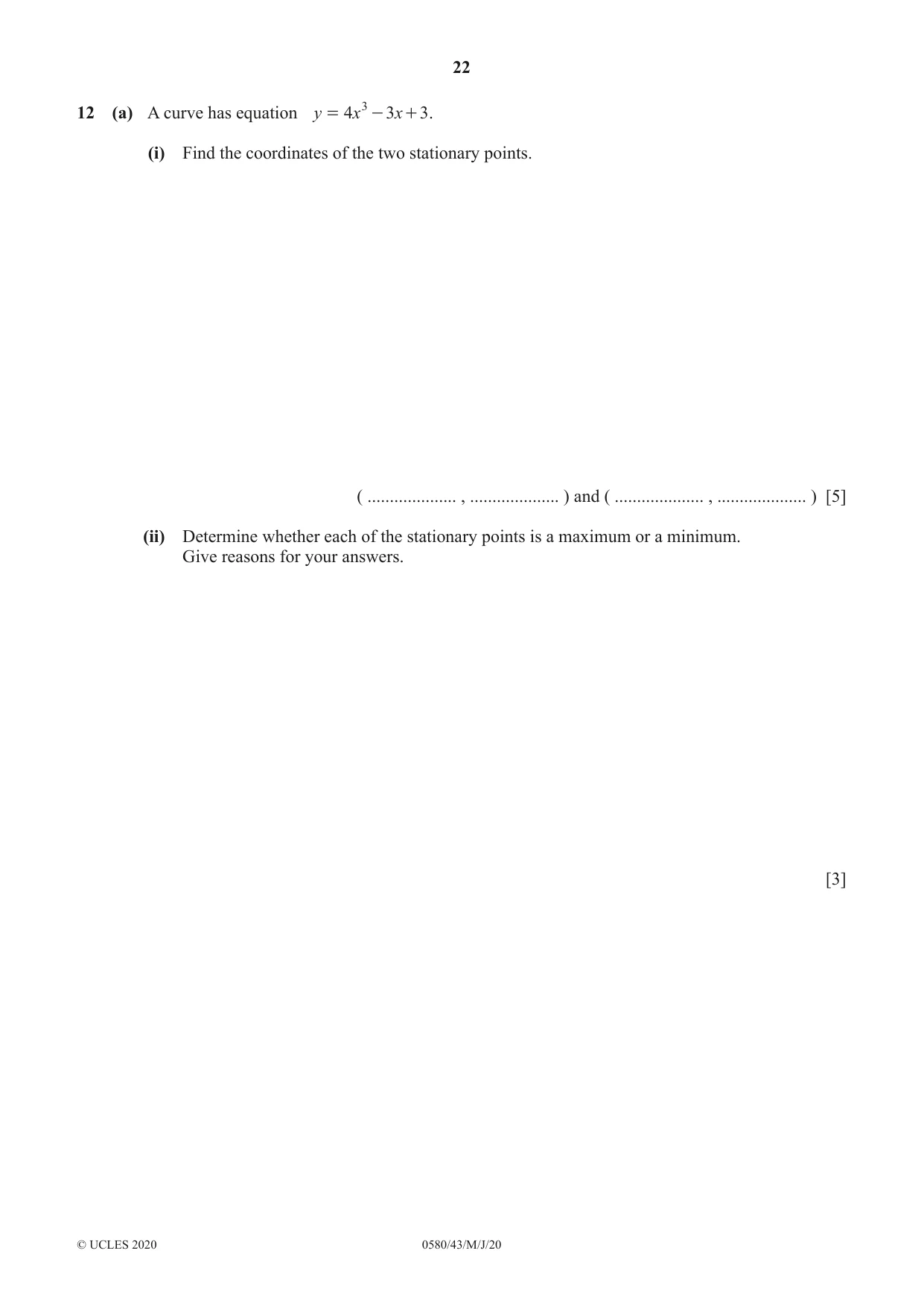 Cambridge IGCSE Mathematics 0580 2020 May/June Paper 4 · Variant 3 question paper, page 22 of 24