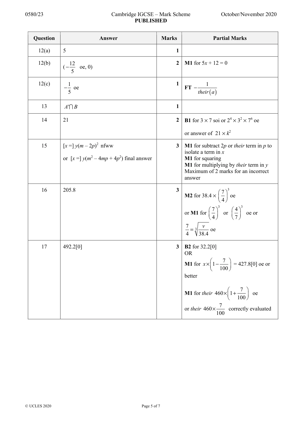 Mark scheme, page 5 of 7
