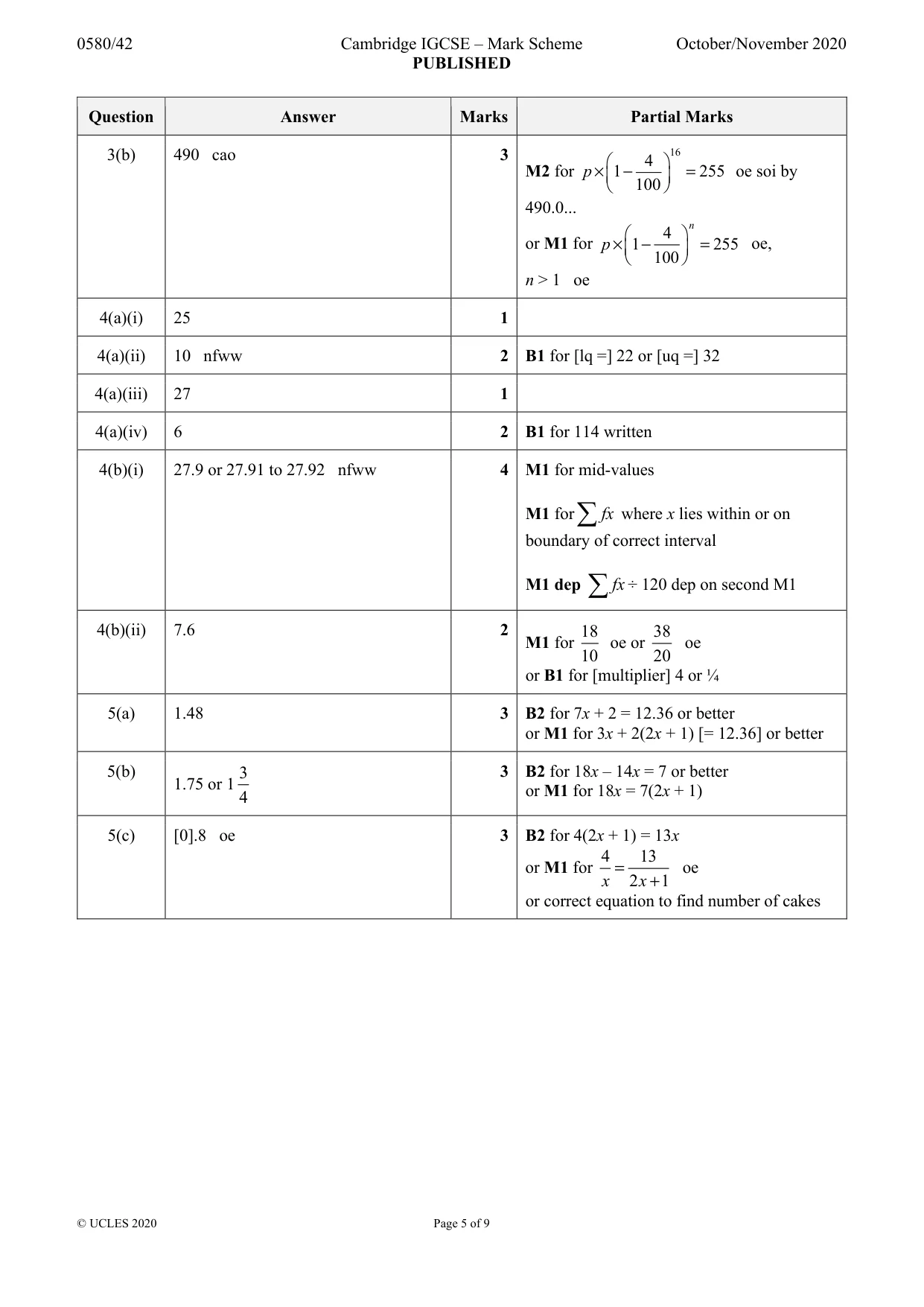 Mark scheme, page 5 of 9