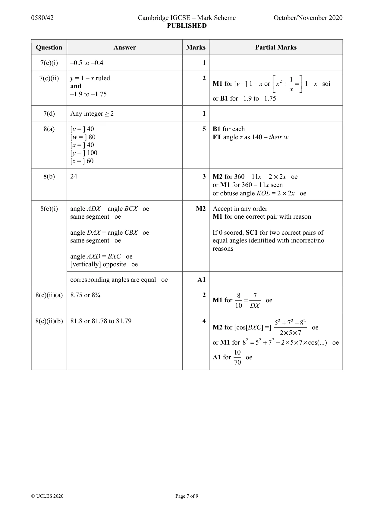Mark scheme, page 7 of 9